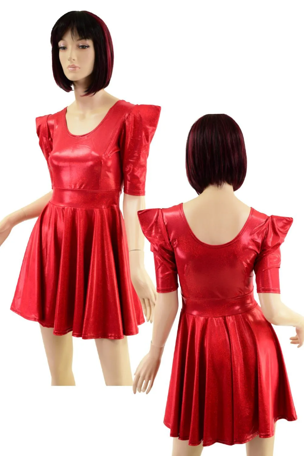 Red Sparkly Jewel Sharp Shoulder Half Sleeve Skater Dress