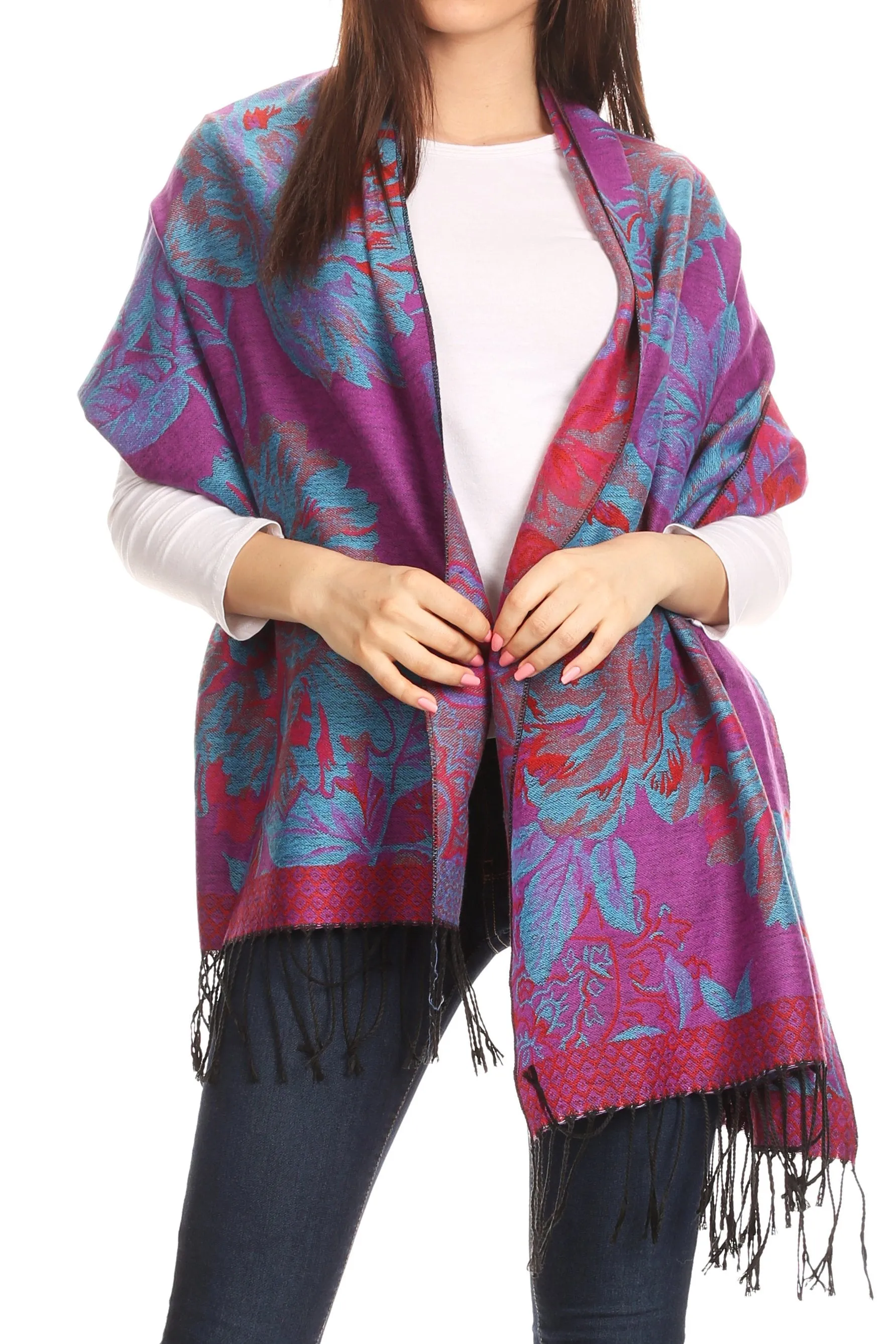 Sakkas Aurora Floral Rose Pashmina Scarf Shawl with Fringe Super Warm Soft Vegan