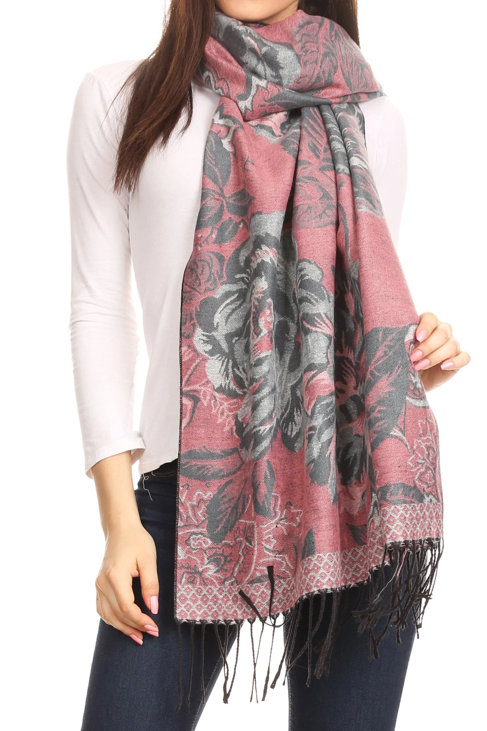 Sakkas Aurora Floral Rose Pashmina Scarf Shawl with Fringe Super Warm Soft Vegan