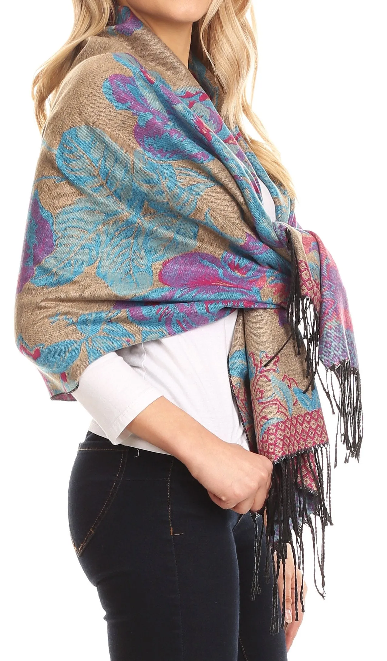 Sakkas Aurora Floral Rose Pashmina Scarf Shawl with Fringe Super Warm Soft Vegan