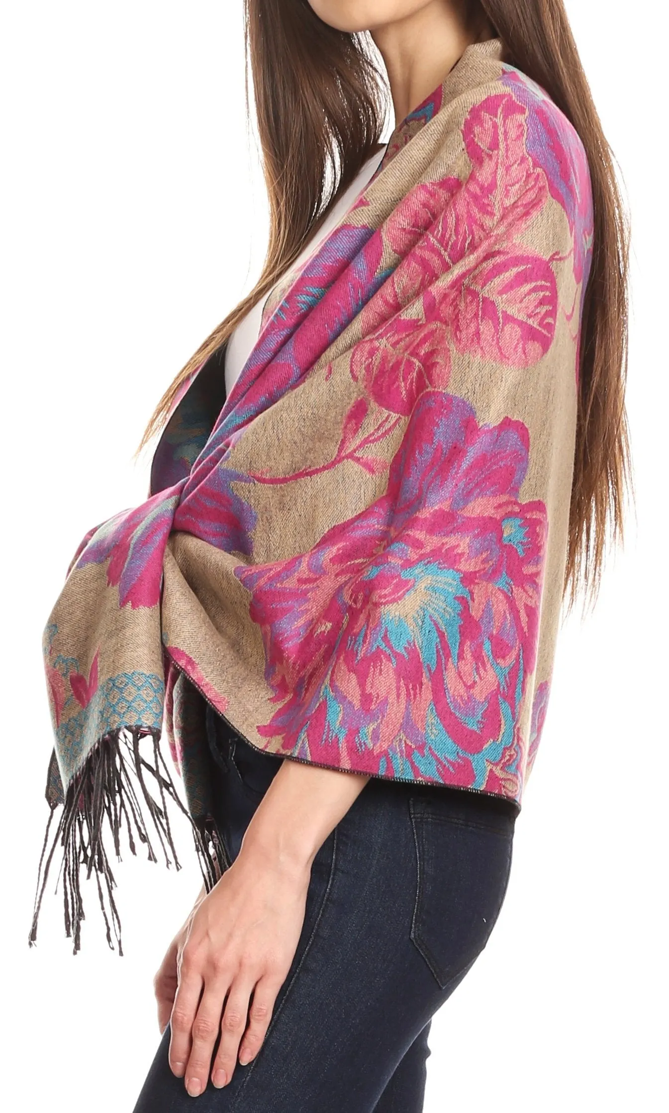 Sakkas Aurora Floral Rose Pashmina Scarf Shawl with Fringe Super Warm Soft Vegan