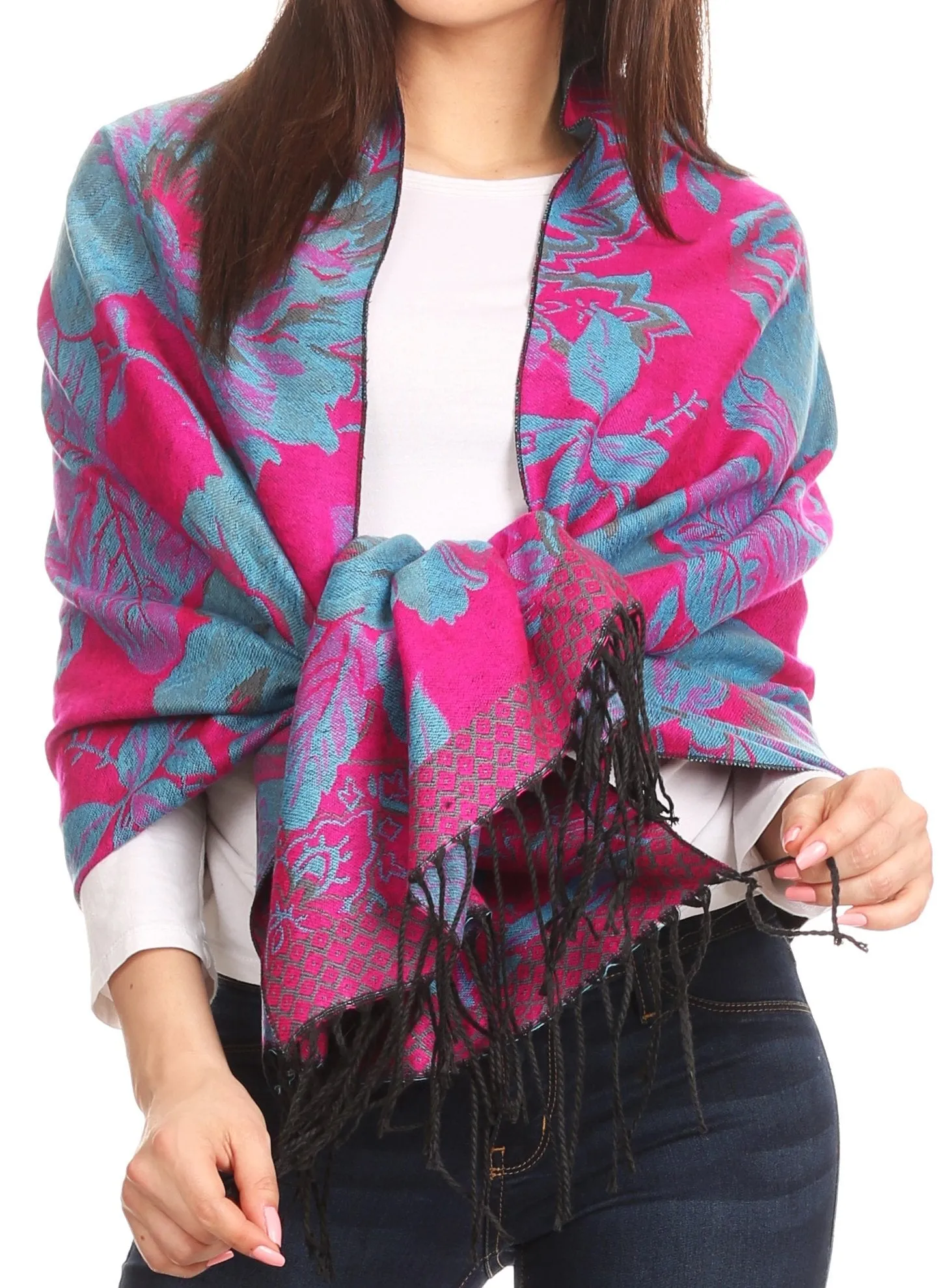 Sakkas Aurora Floral Rose Pashmina Scarf Shawl with Fringe Super Warm Soft Vegan