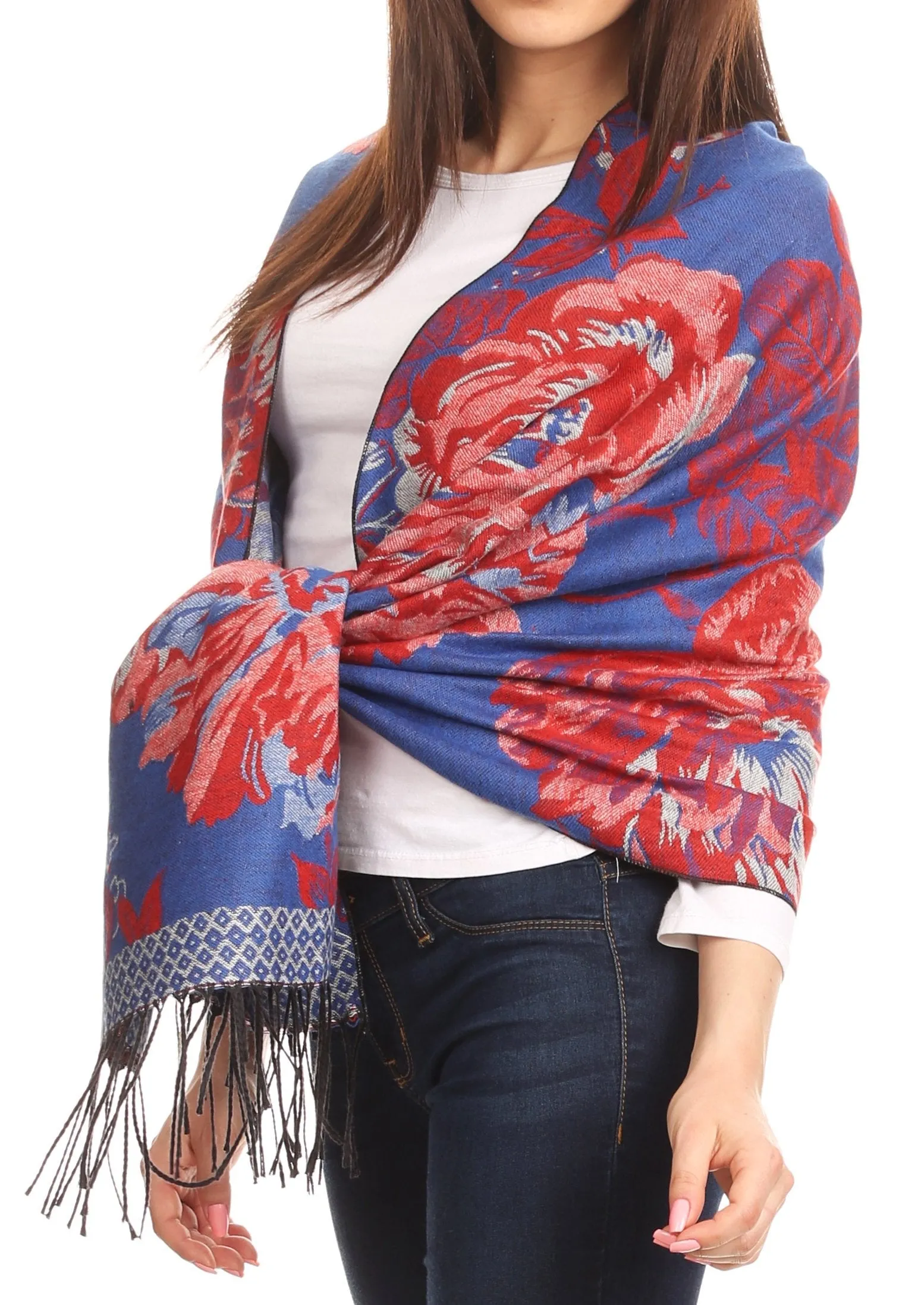 Sakkas Aurora Floral Rose Pashmina Scarf Shawl with Fringe Super Warm Soft Vegan