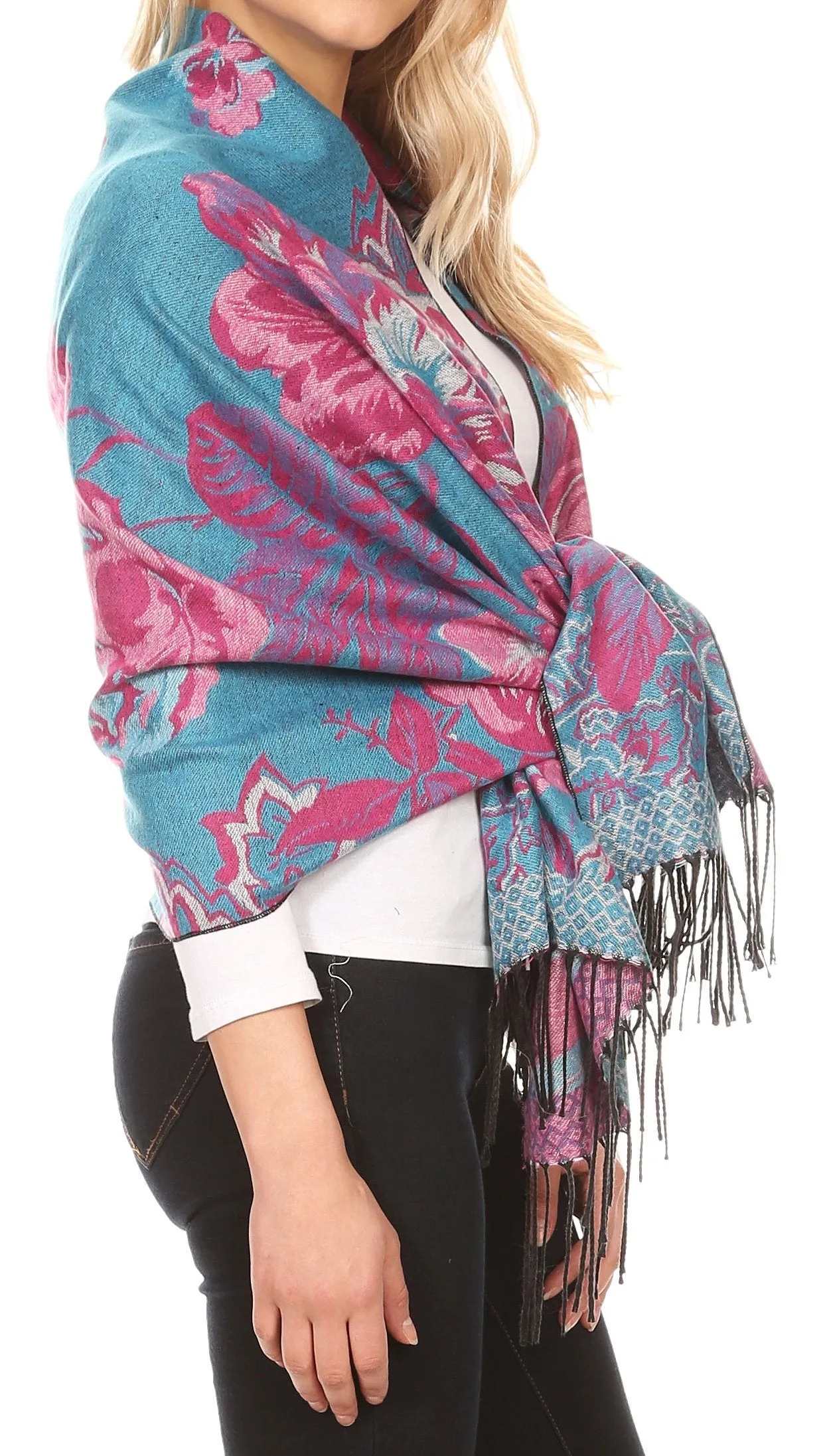 Sakkas Aurora Floral Rose Pashmina Scarf Shawl with Fringe Super Warm Soft Vegan