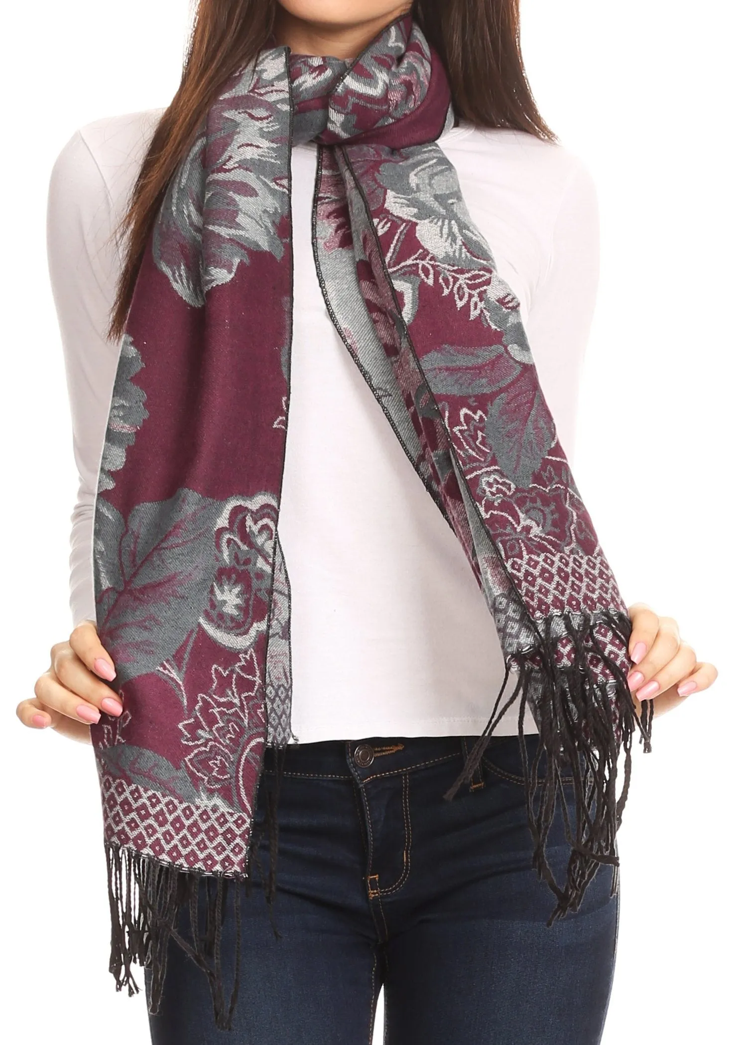 Sakkas Aurora Floral Rose Pashmina Scarf Shawl with Fringe Super Warm Soft Vegan