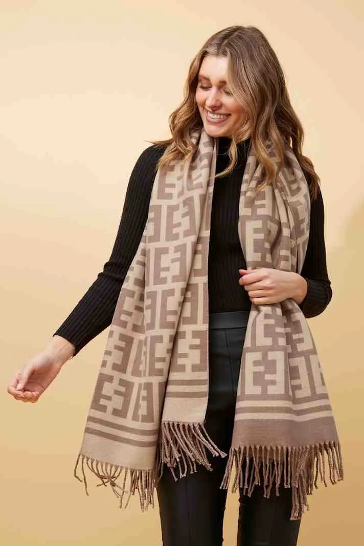 Scarf  With Fringe - Tan And Gold