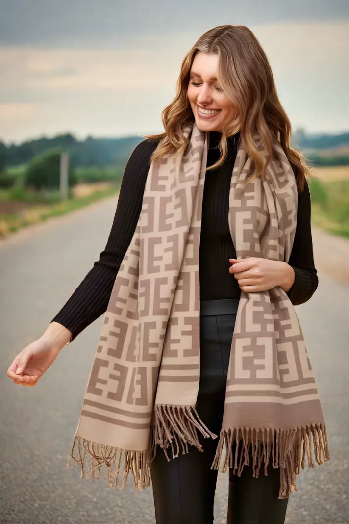 Scarf  With Fringe - Tan And Gold