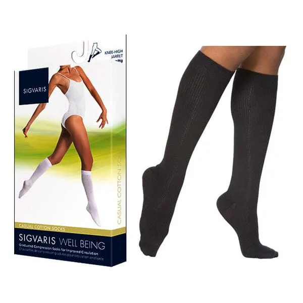 Sigvaris Casual Cotton Compression Socks, Calf-High, 15 to 20 mmHg, 7" to 9" Ankle Circumference, Size A, Black