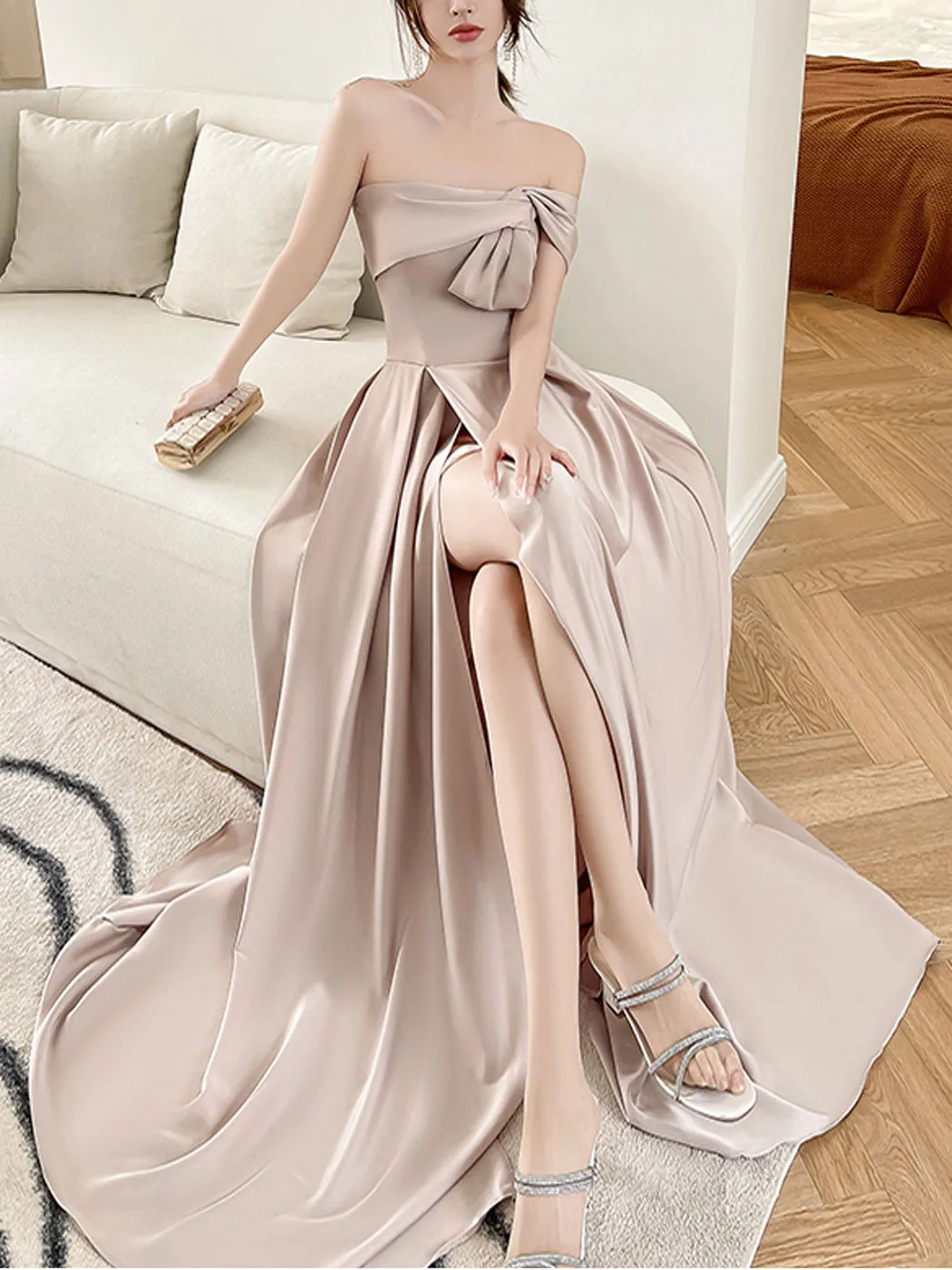 Simple Champagne A line Long Prom Dress, Champagne Bridesmaid Dresses