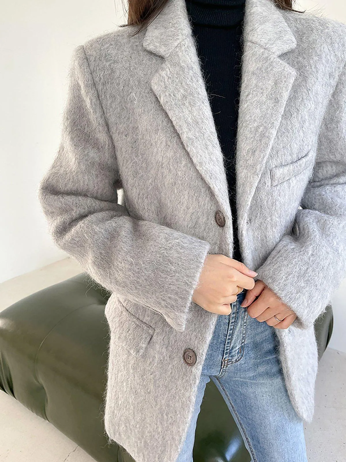 Single Breasted Wool Blend Fleece Blazer