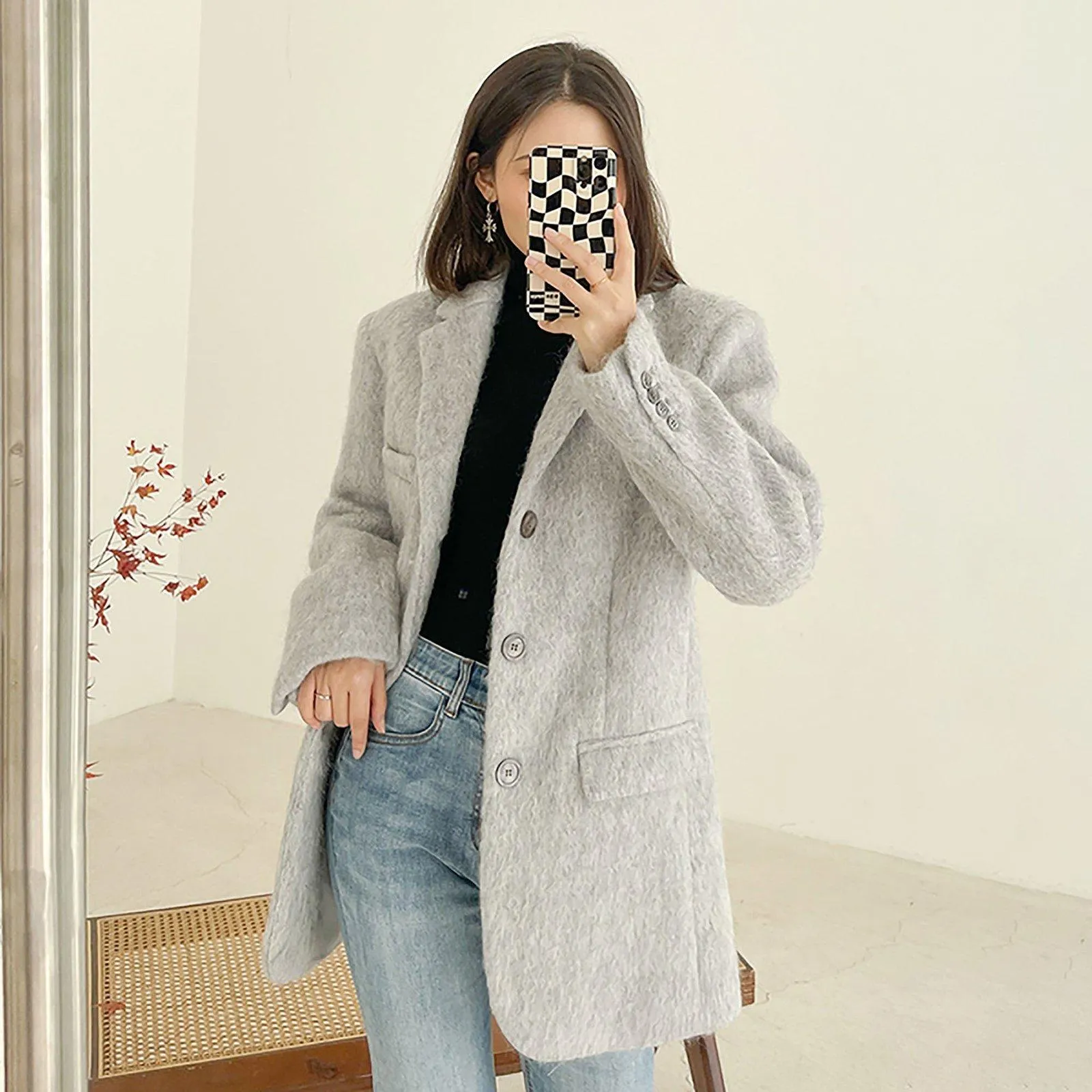 Single Breasted Wool Blend Fleece Blazer