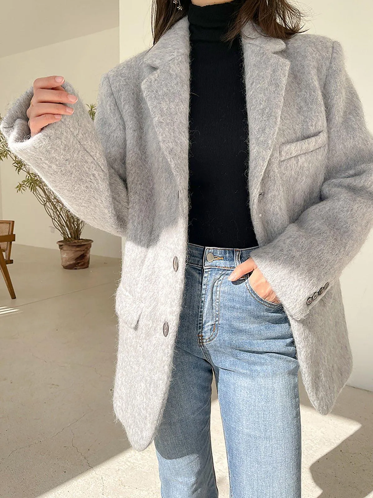 Single Breasted Wool Blend Fleece Blazer