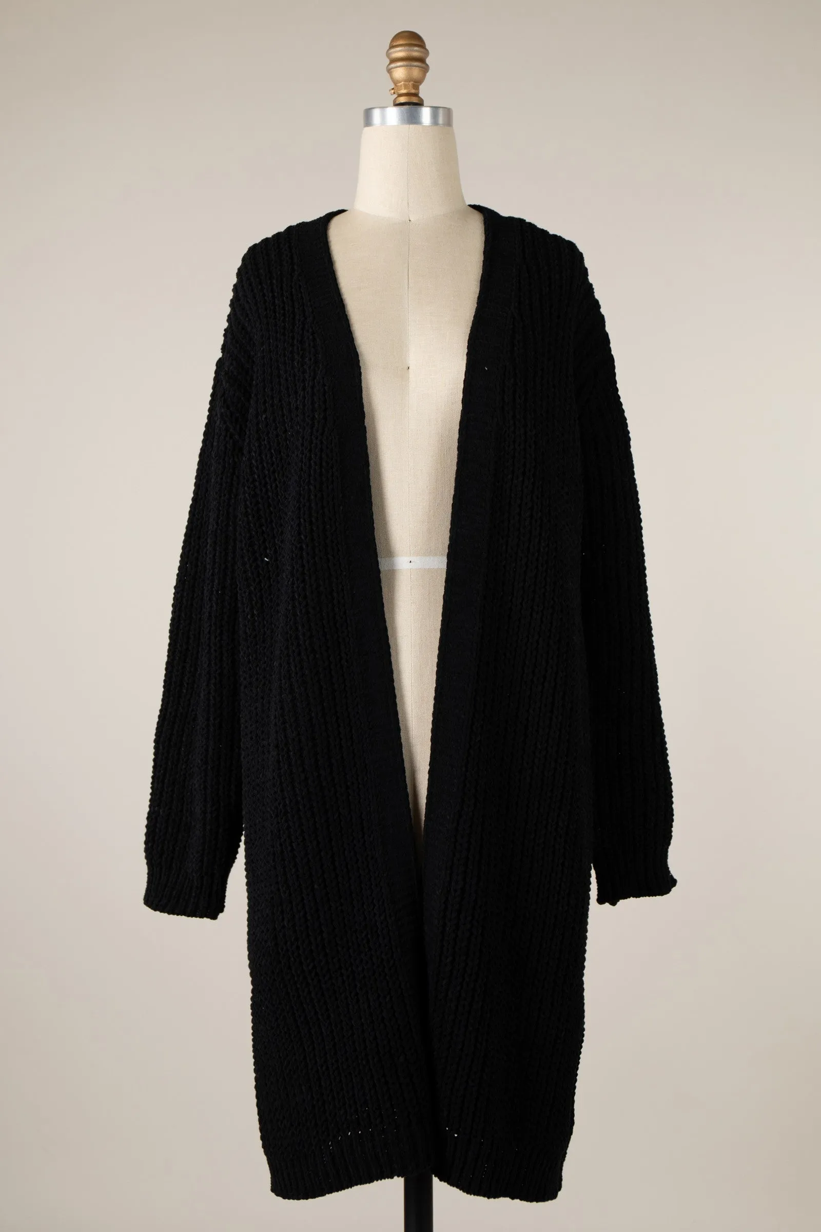 Soft Chenille Cable Knit Ribbed Hem Long Cardigan