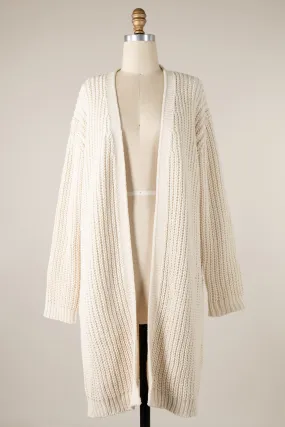 Soft Chenille Cable Knit Ribbed Hem Long Cardigan