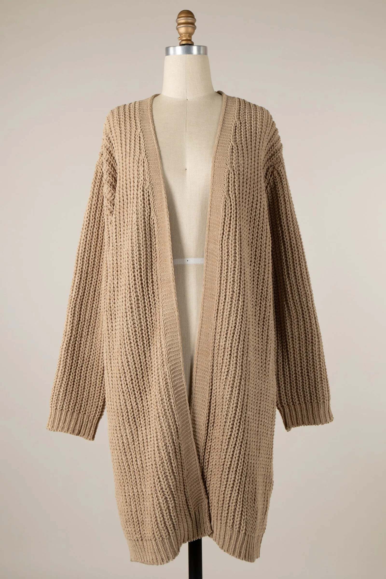 Soft Chenille Cable Knit Ribbed Hem Long Cardigan