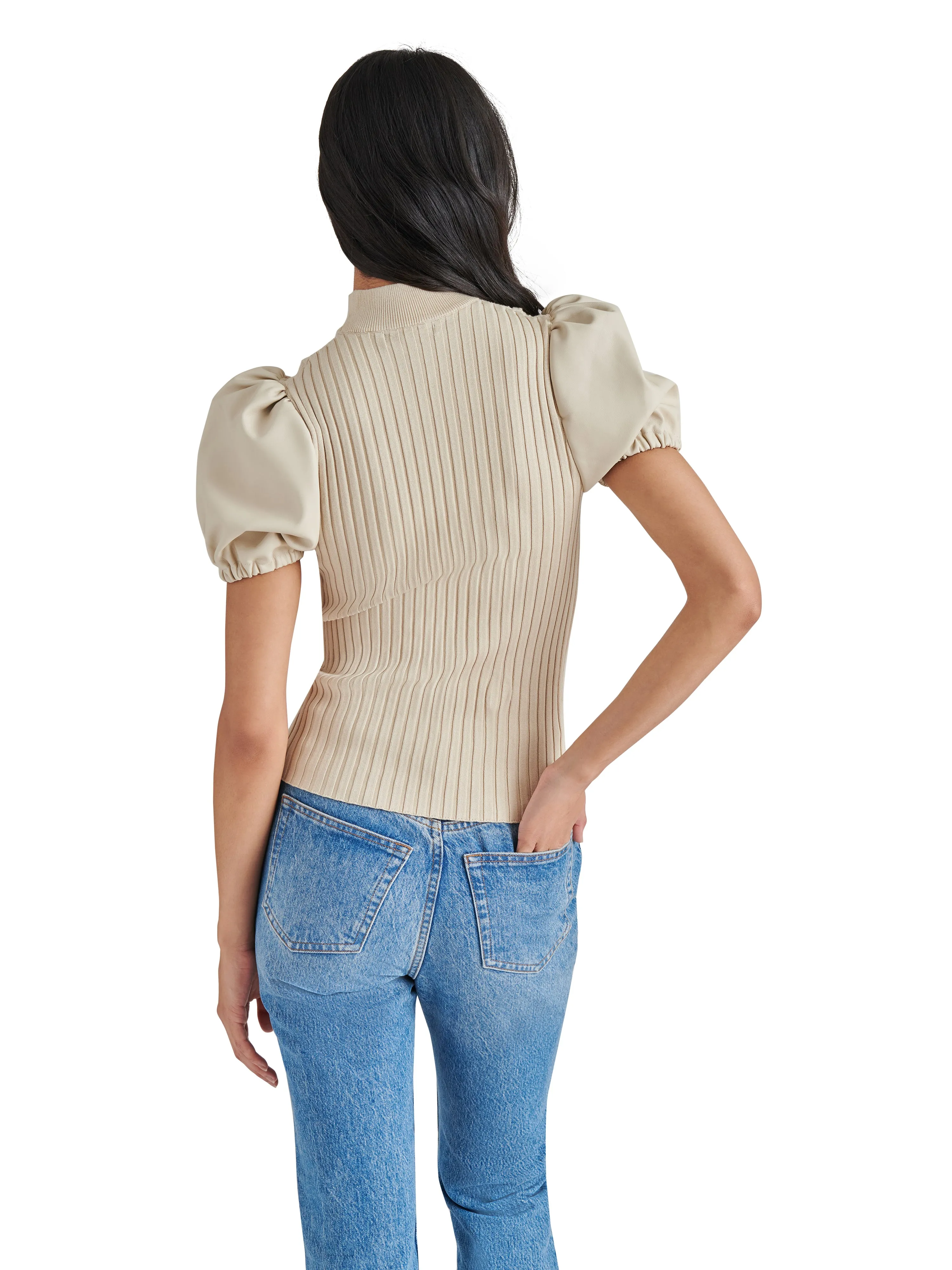 STE Peggy Faux Leather Sleeve Top in Bone