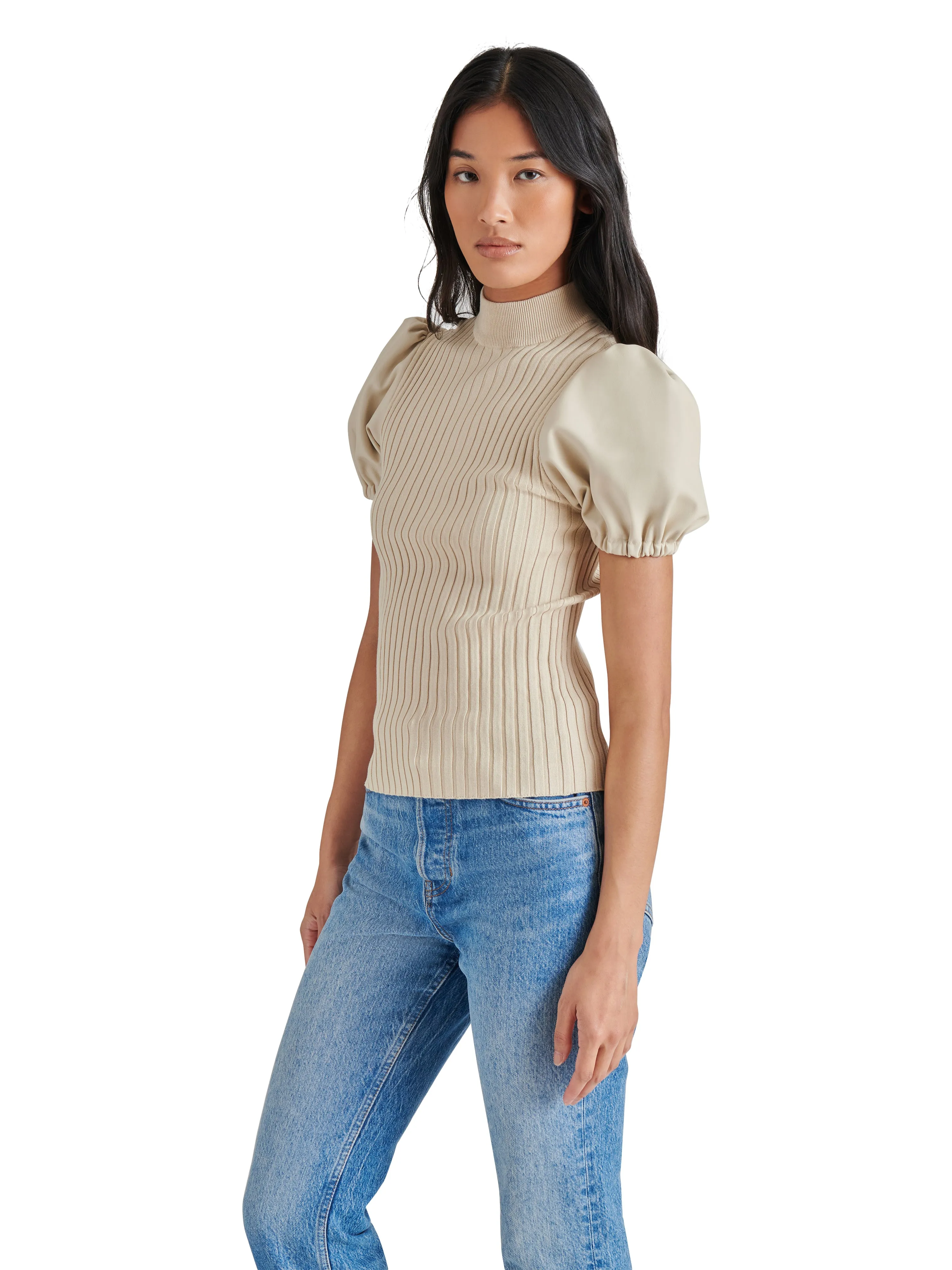 STE Peggy Faux Leather Sleeve Top in Bone