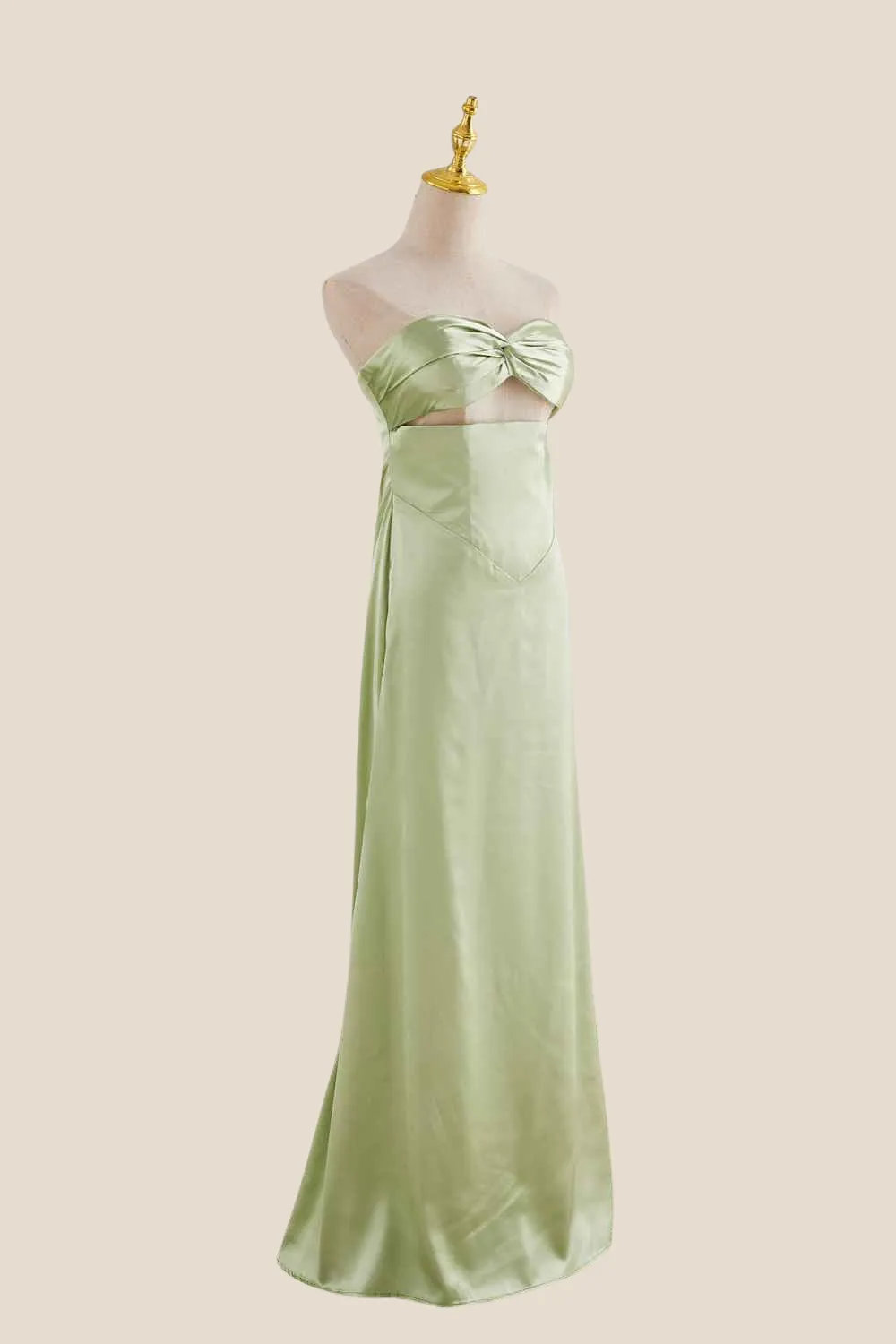 Strapless Sage Green Twist Satin Long Dress