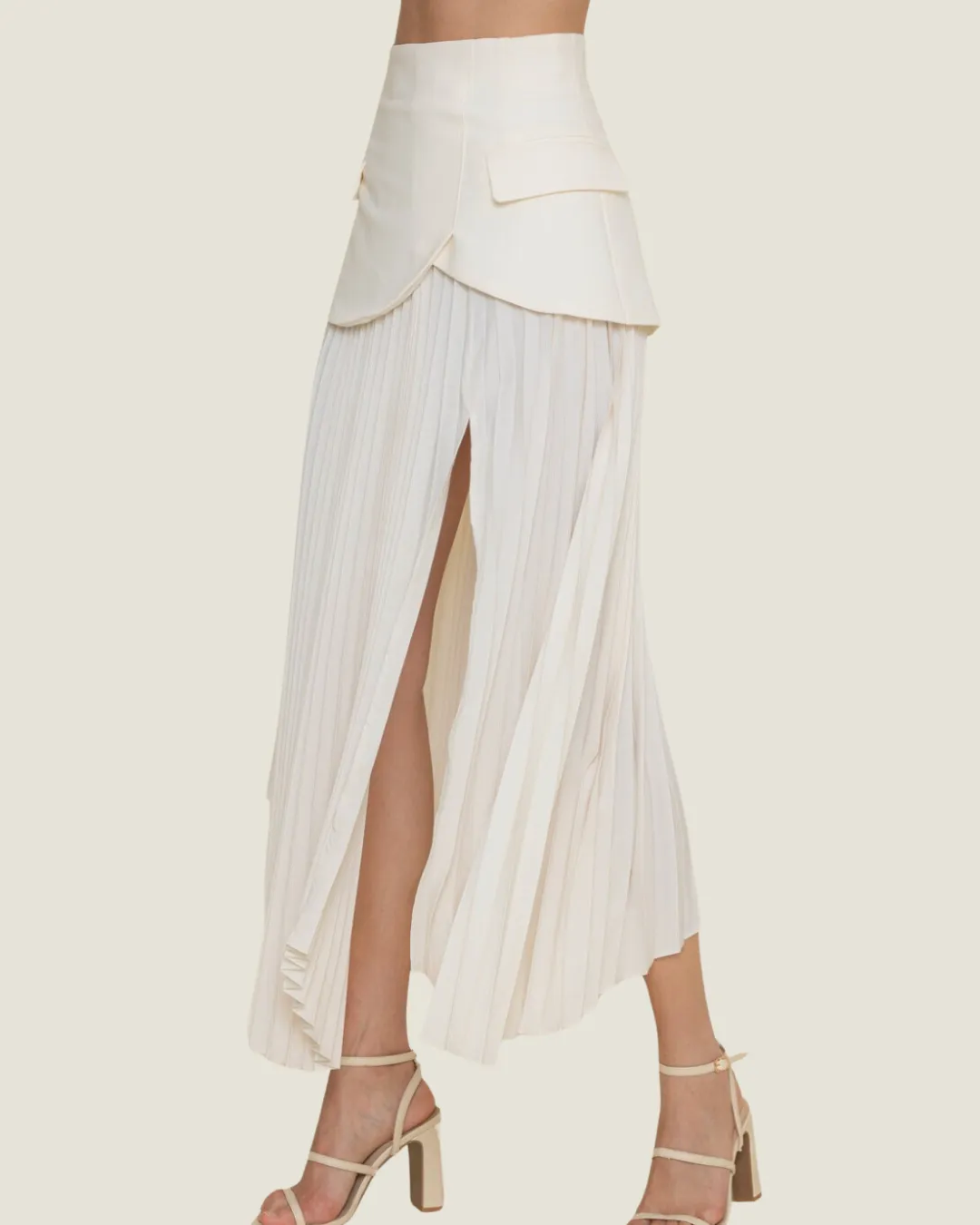 The Jennifer: Contrast Ivory Asymmetric Pleated Slit Skirt