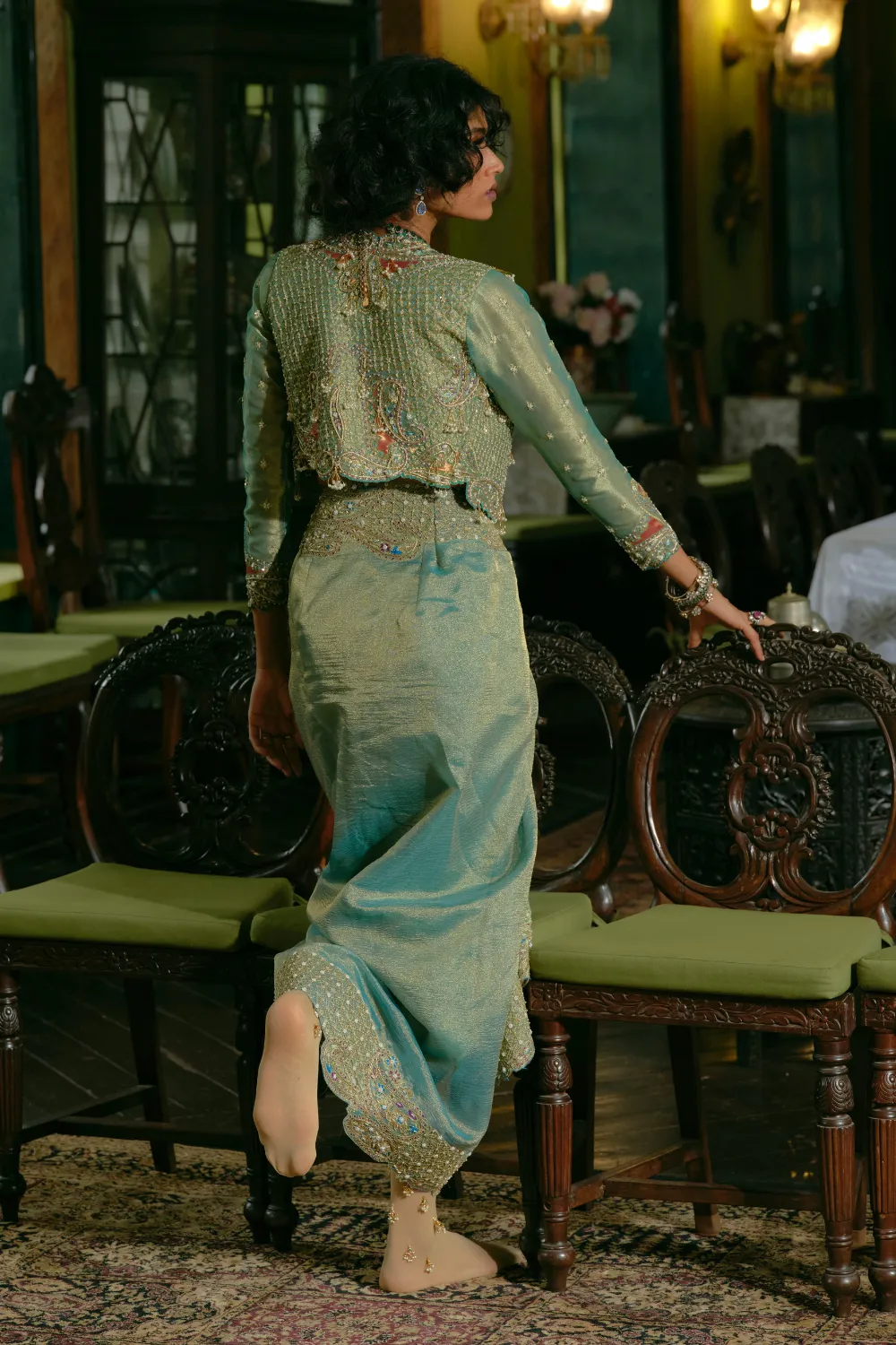 Turquoise silk zari tissue draped skirt with tube top and croped jacket