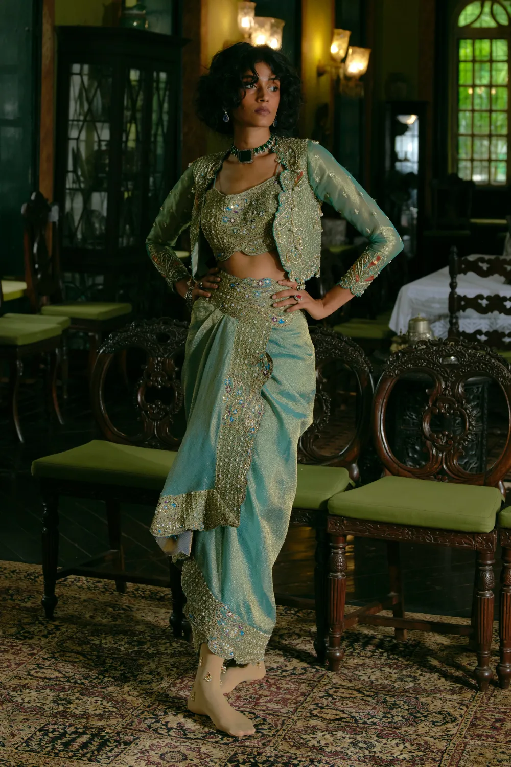 Turquoise silk zari tissue draped skirt with tube top and croped jacket