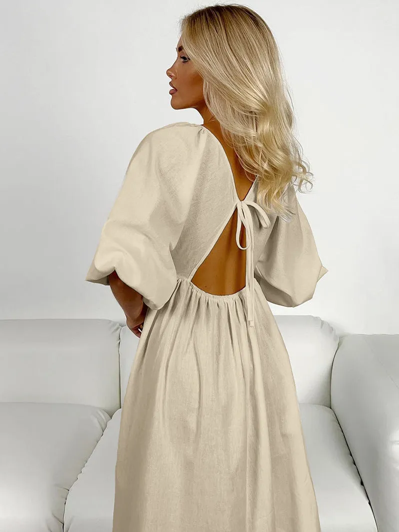 V-neck Half-sleeve Hollow Pullover Long Dress