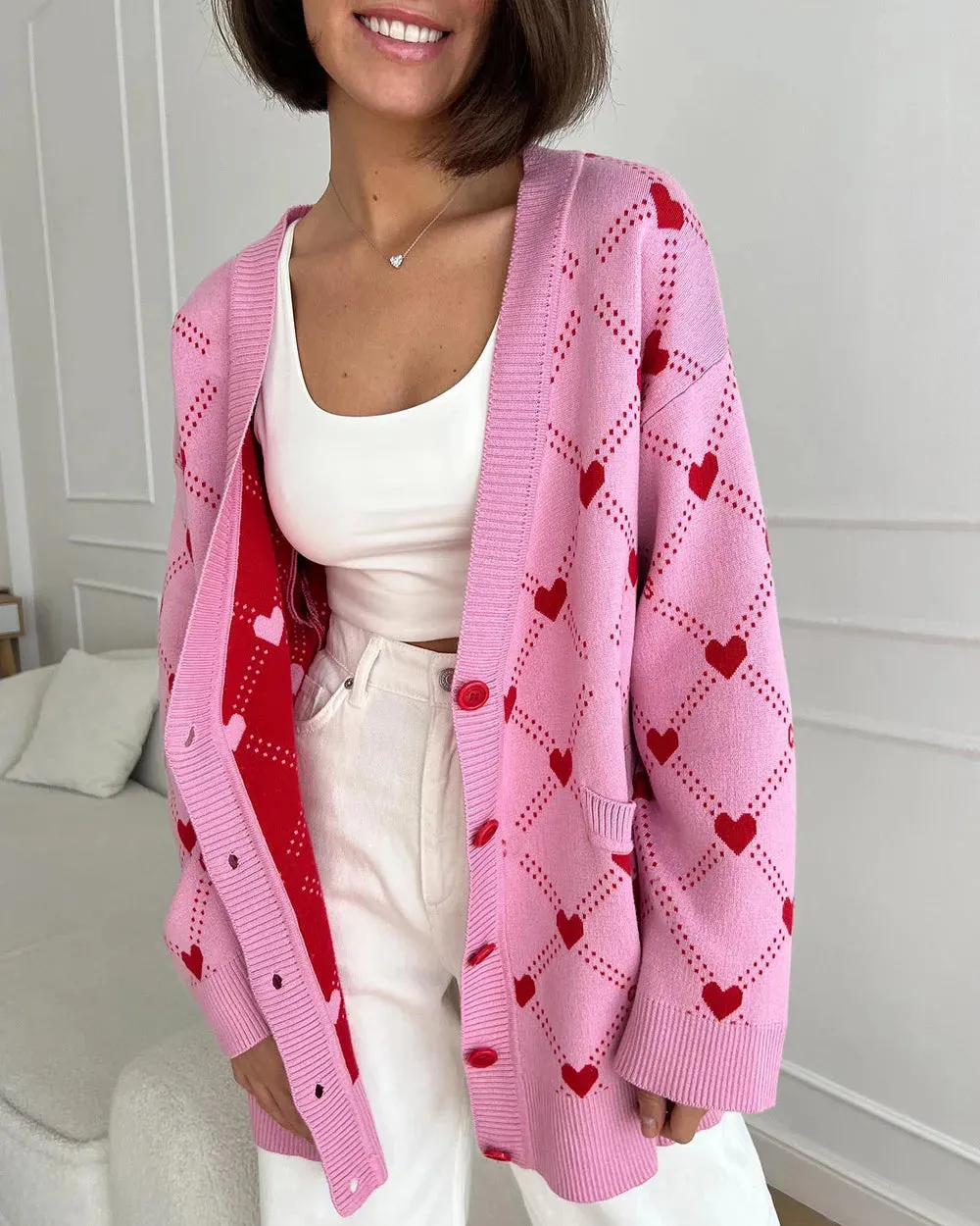 Vibrant Pink Argyle Knit Cardigan