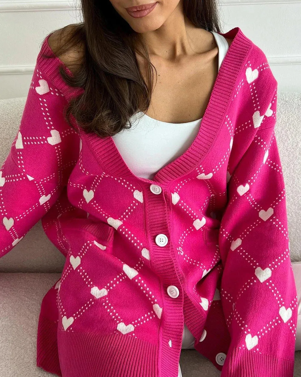 Vibrant Pink Argyle Knit Cardigan