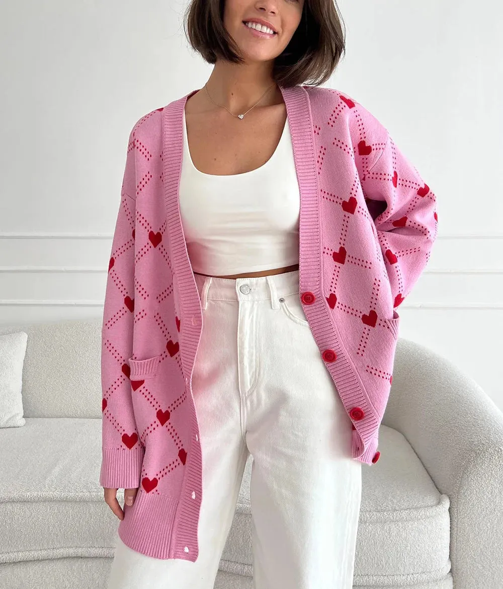 Vibrant Pink Argyle Knit Cardigan