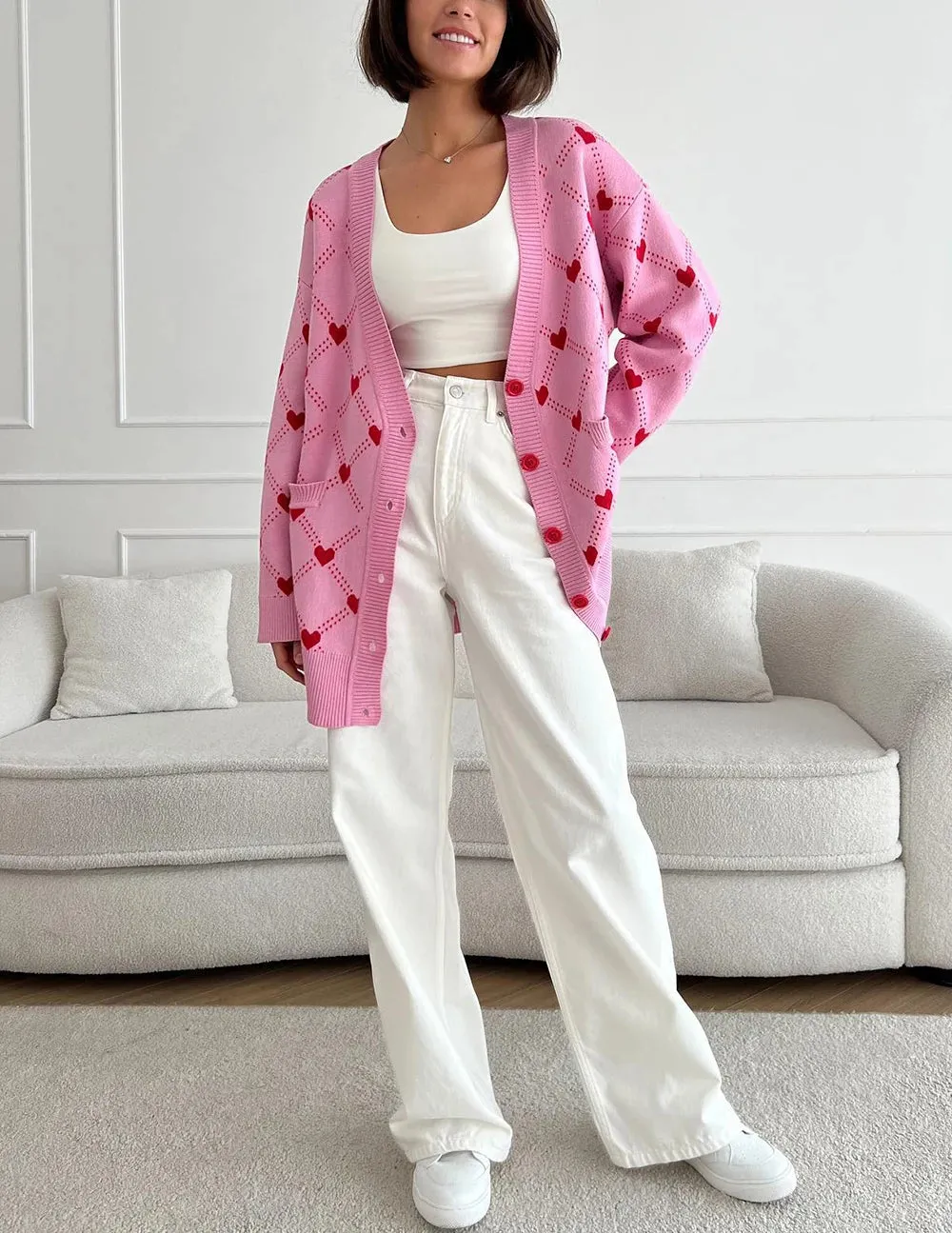 Vibrant Pink Argyle Knit Cardigan