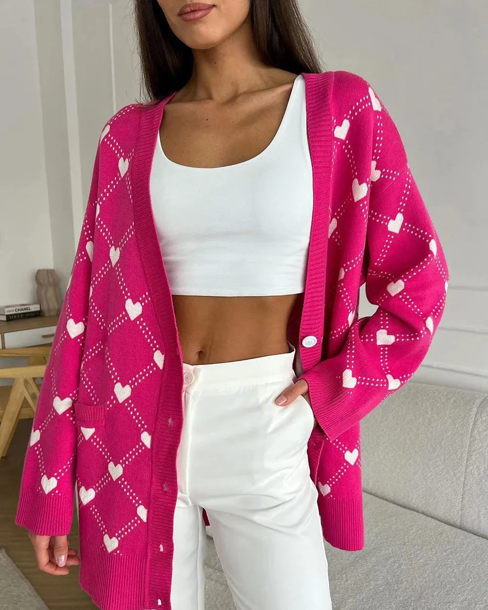 Vibrant Pink Argyle Knit Cardigan