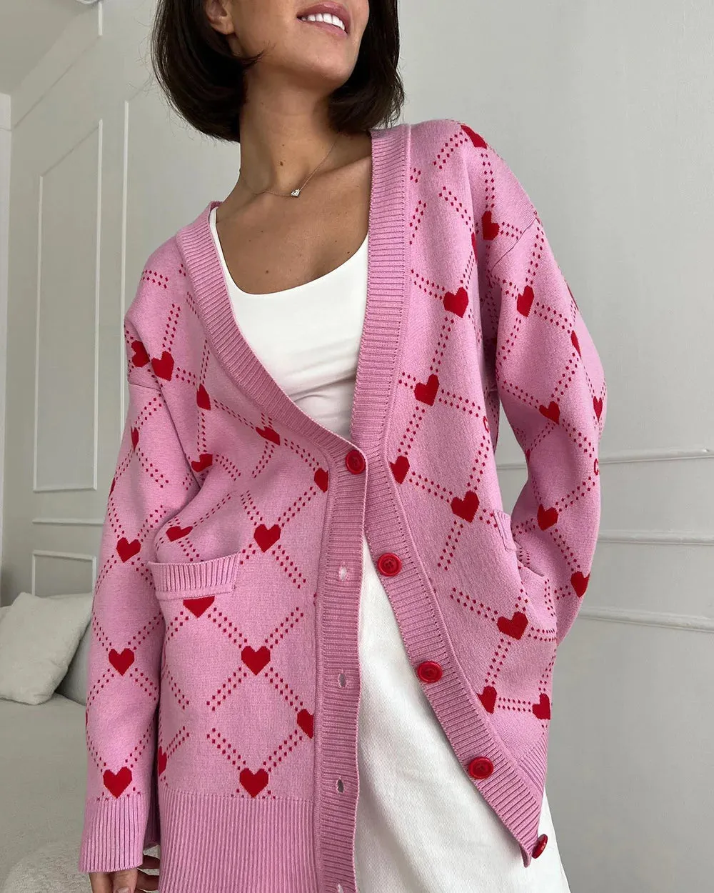 Vibrant Pink Argyle Knit Cardigan