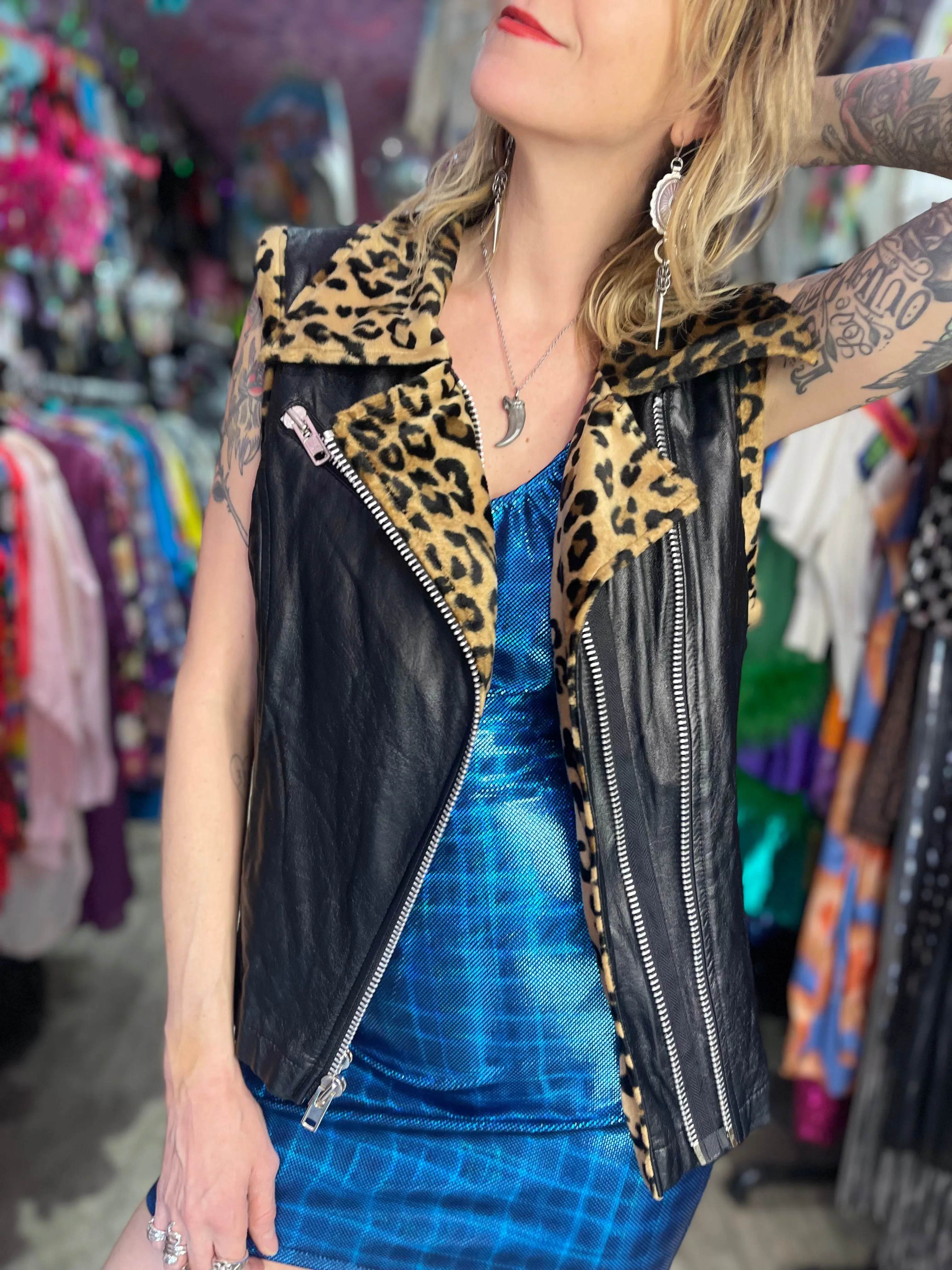 Vintage 90s Lip Service Faux Leather And Leopard Print Moto Vest