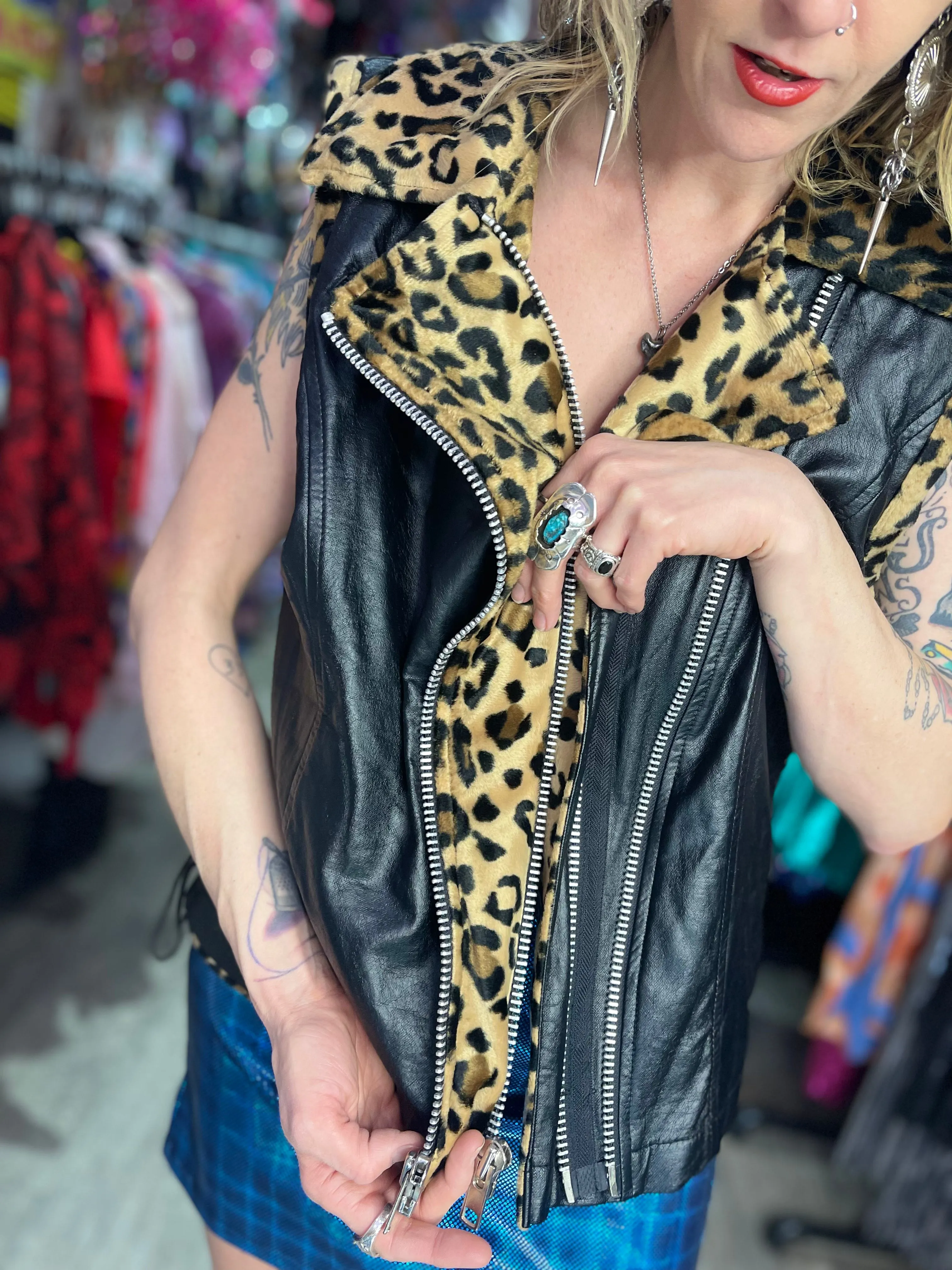 Vintage 90s Lip Service Faux Leather And Leopard Print Moto Vest