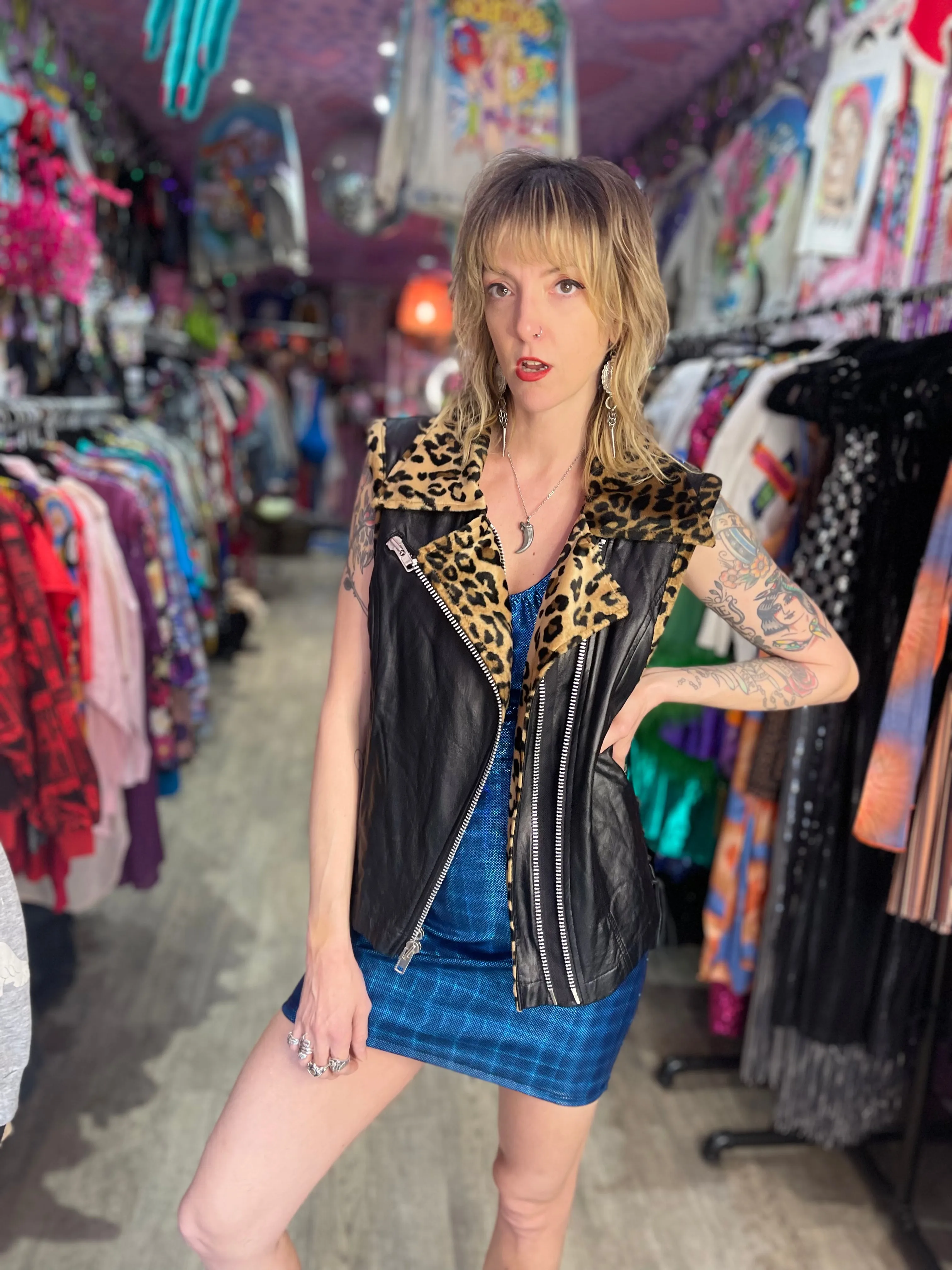 Vintage 90s Lip Service Faux Leather And Leopard Print Moto Vest