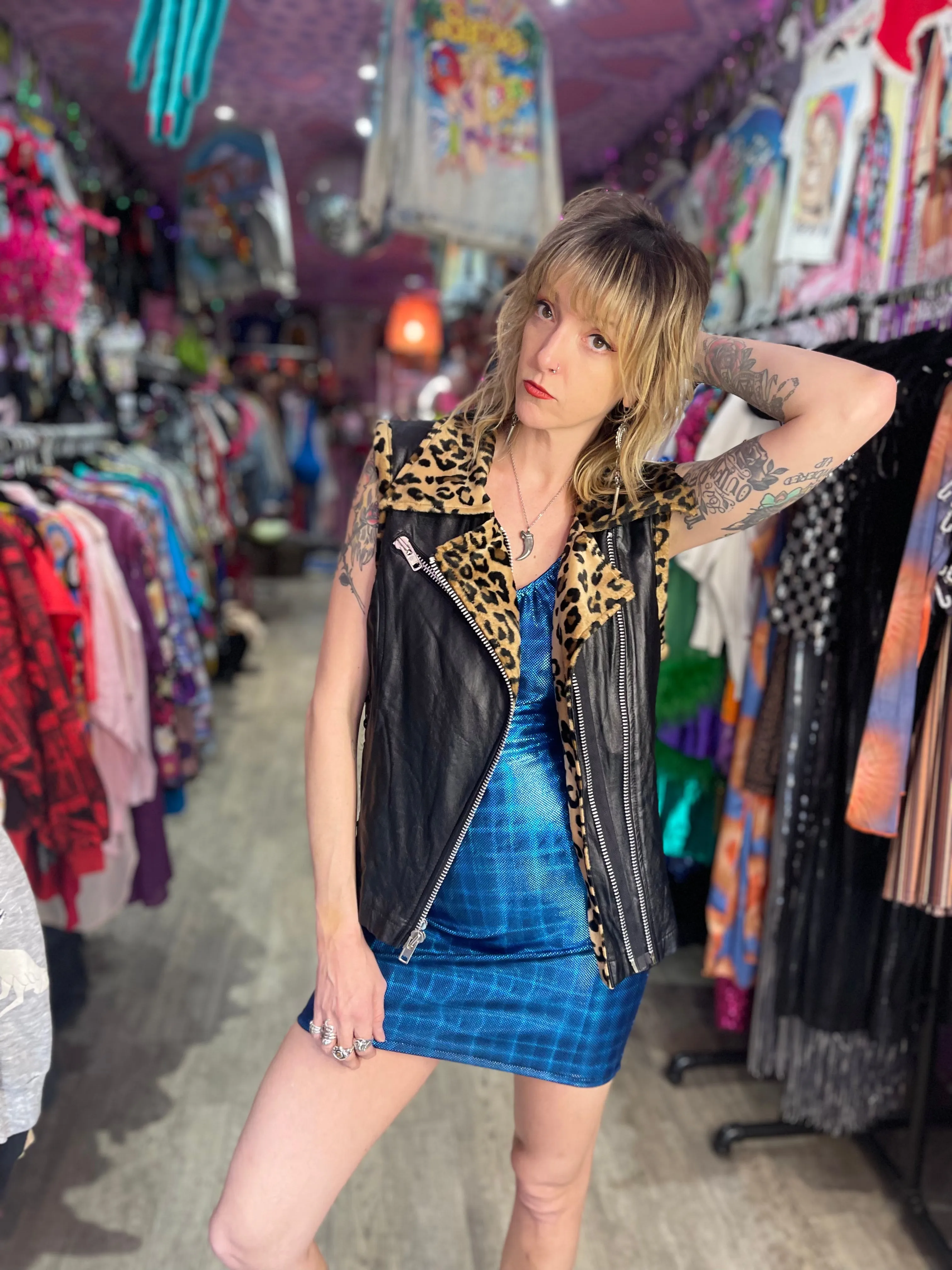 Vintage 90s Lip Service Faux Leather And Leopard Print Moto Vest