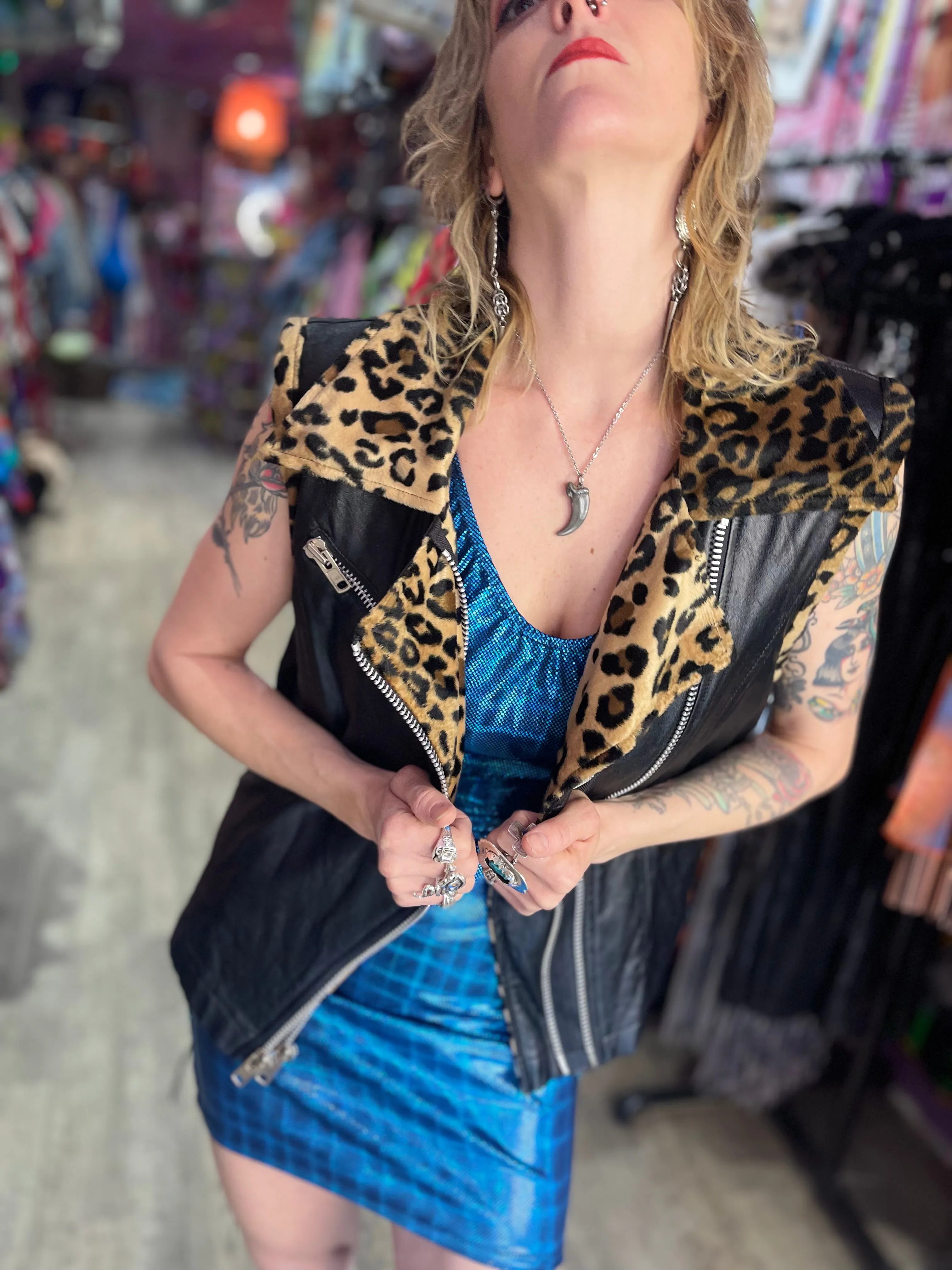 Vintage 90s Lip Service Faux Leather And Leopard Print Moto Vest