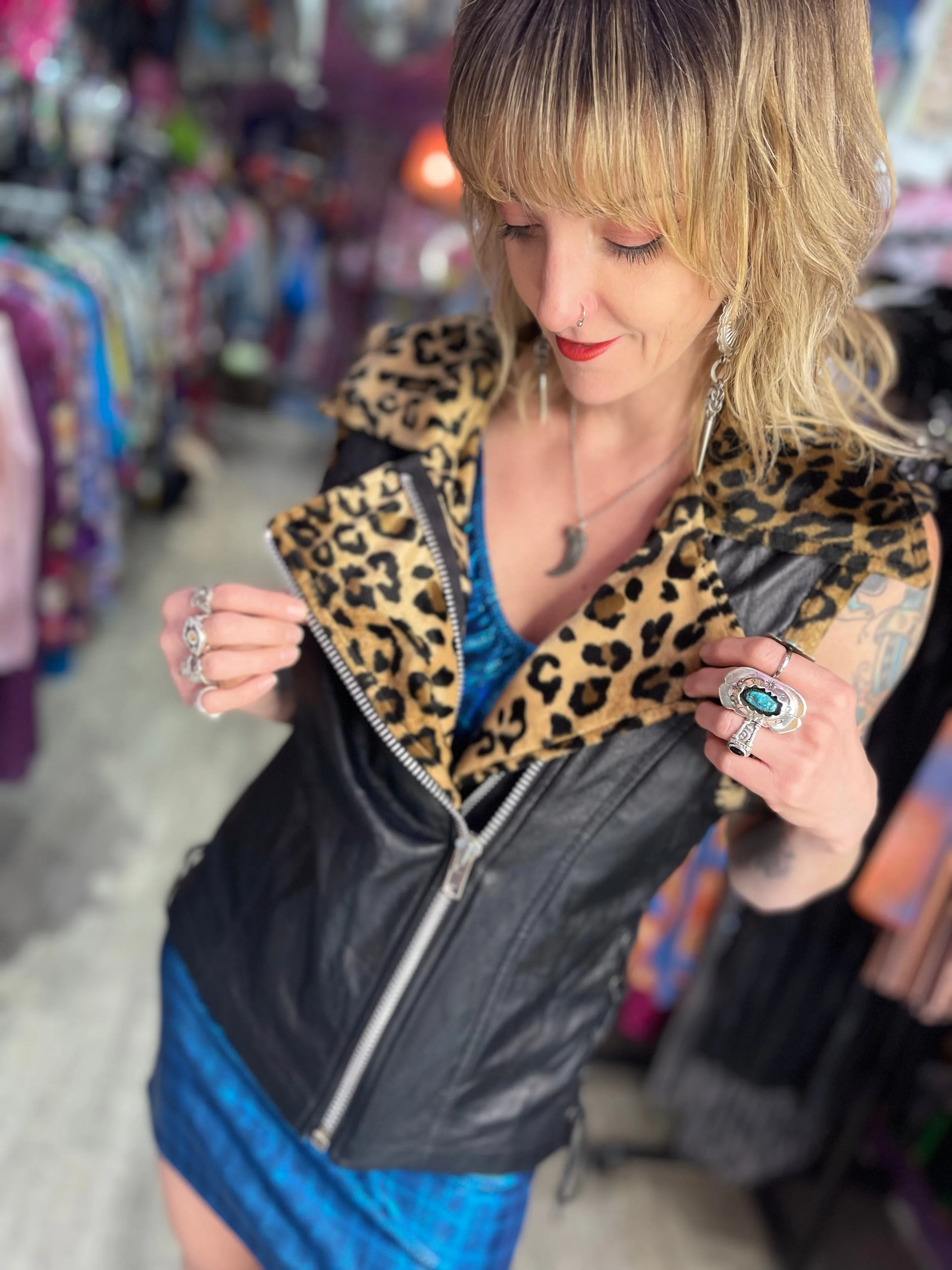 Vintage 90s Lip Service Faux Leather And Leopard Print Moto Vest