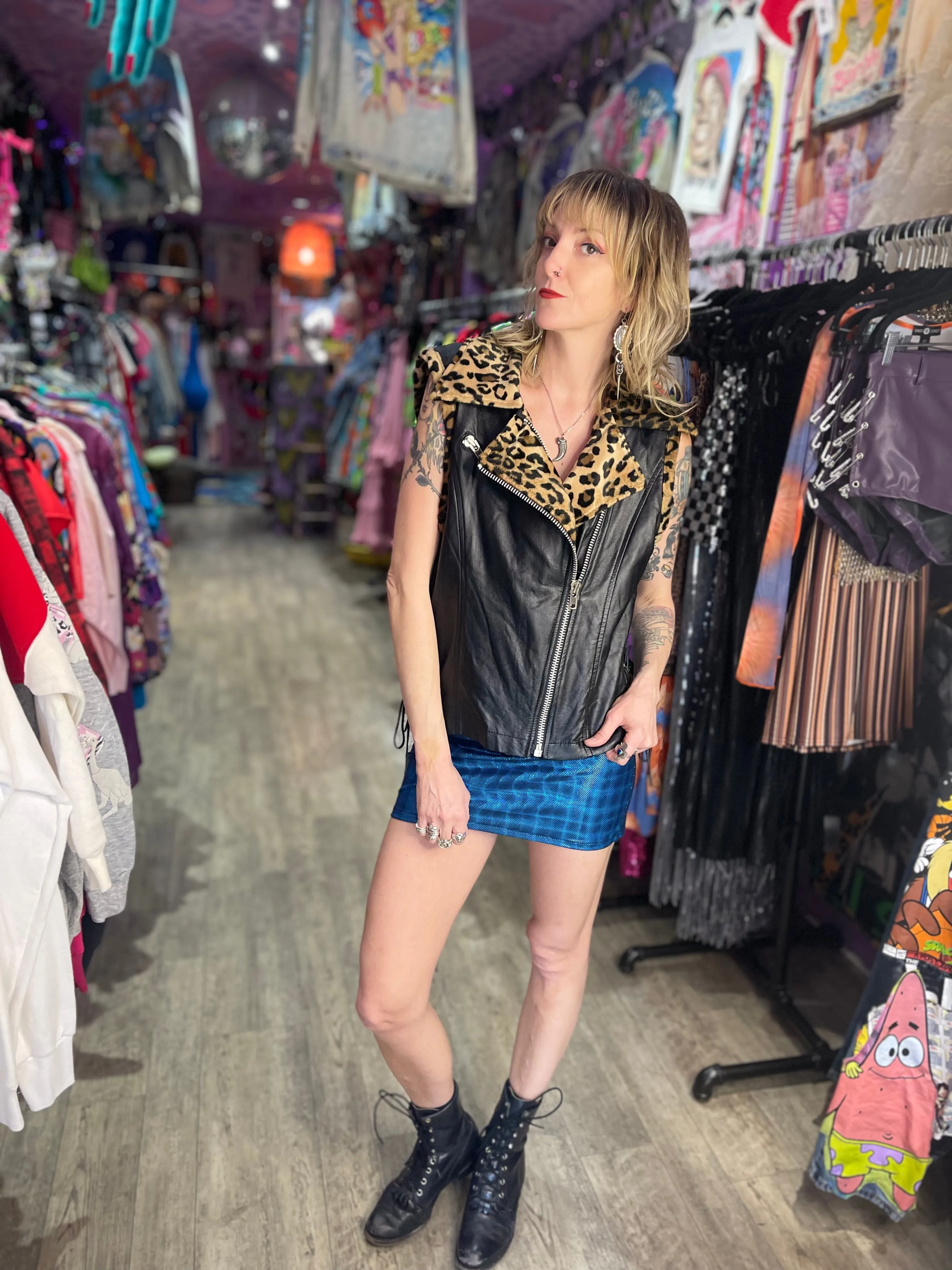 Vintage 90s Lip Service Faux Leather And Leopard Print Moto Vest