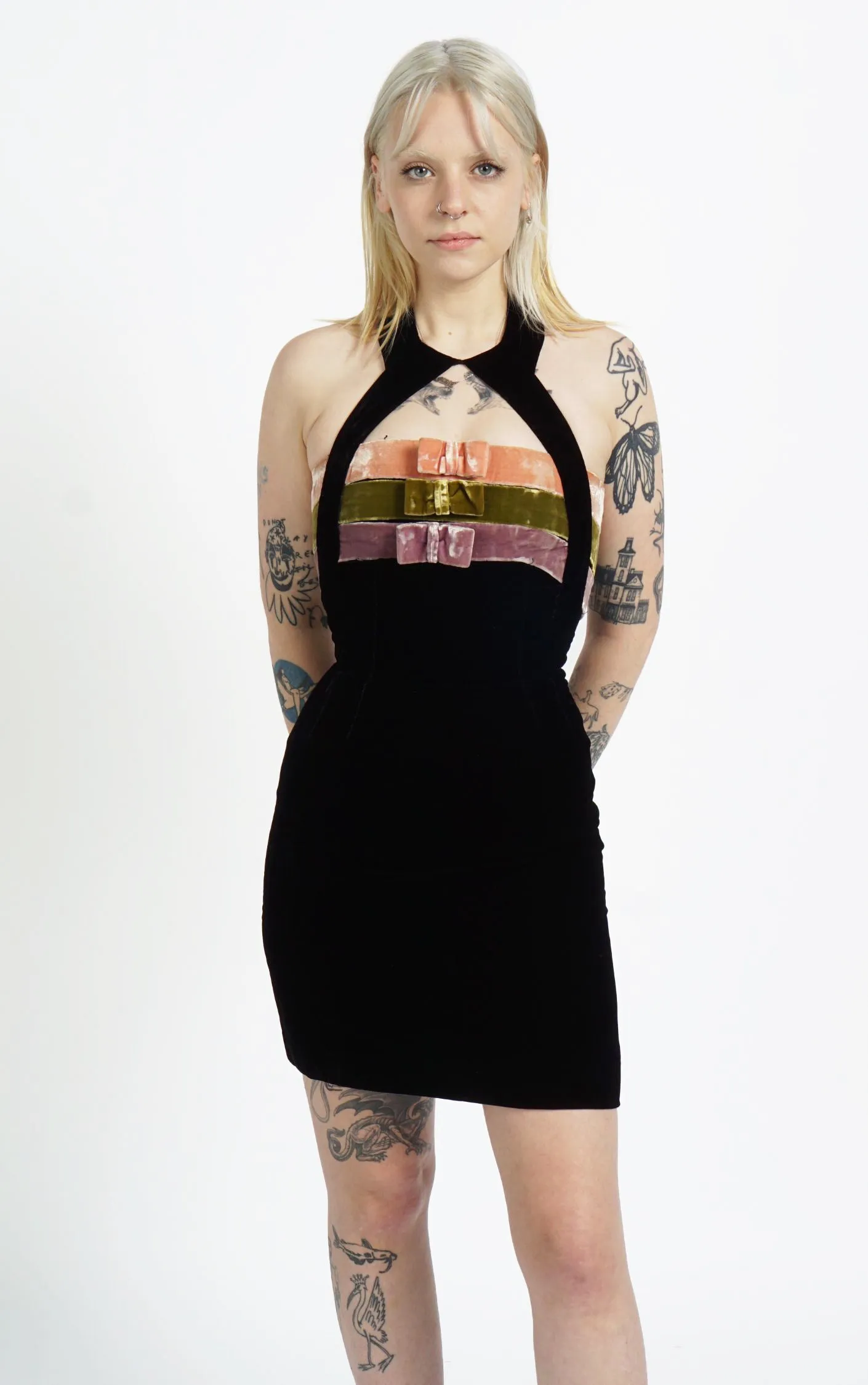 VINTAGE Velvet Multi Bow Halter Neck Tailored Mini Dress