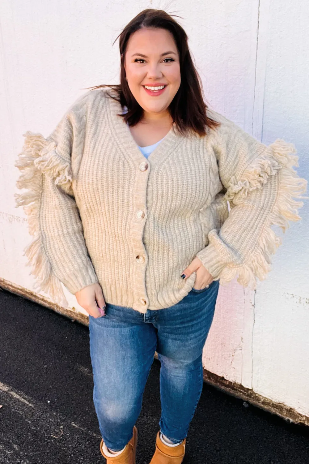 Weekend Ready Oatmeal V Neck Fringe Chunky Cable Cardigan