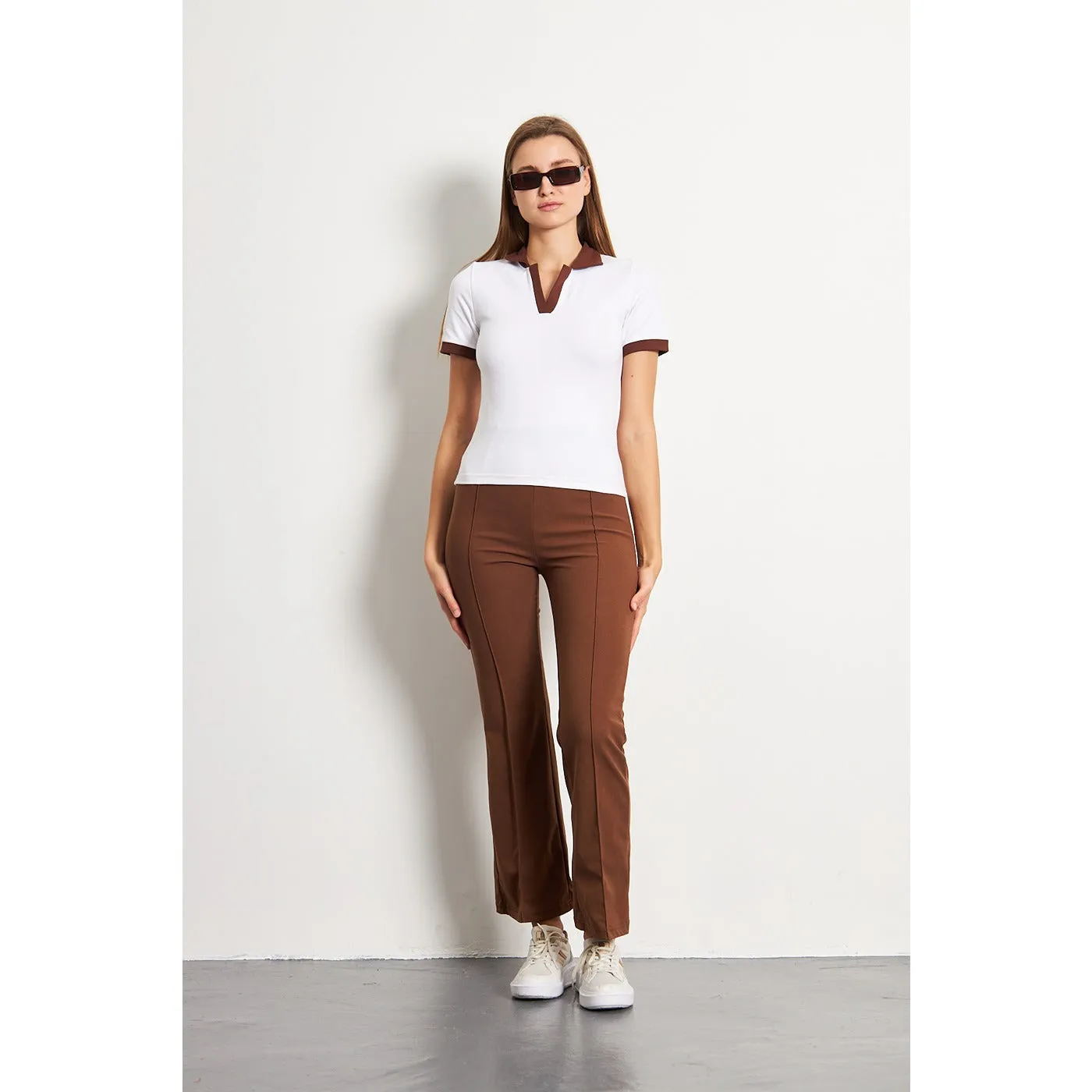 White Brown Rib Knit Polo