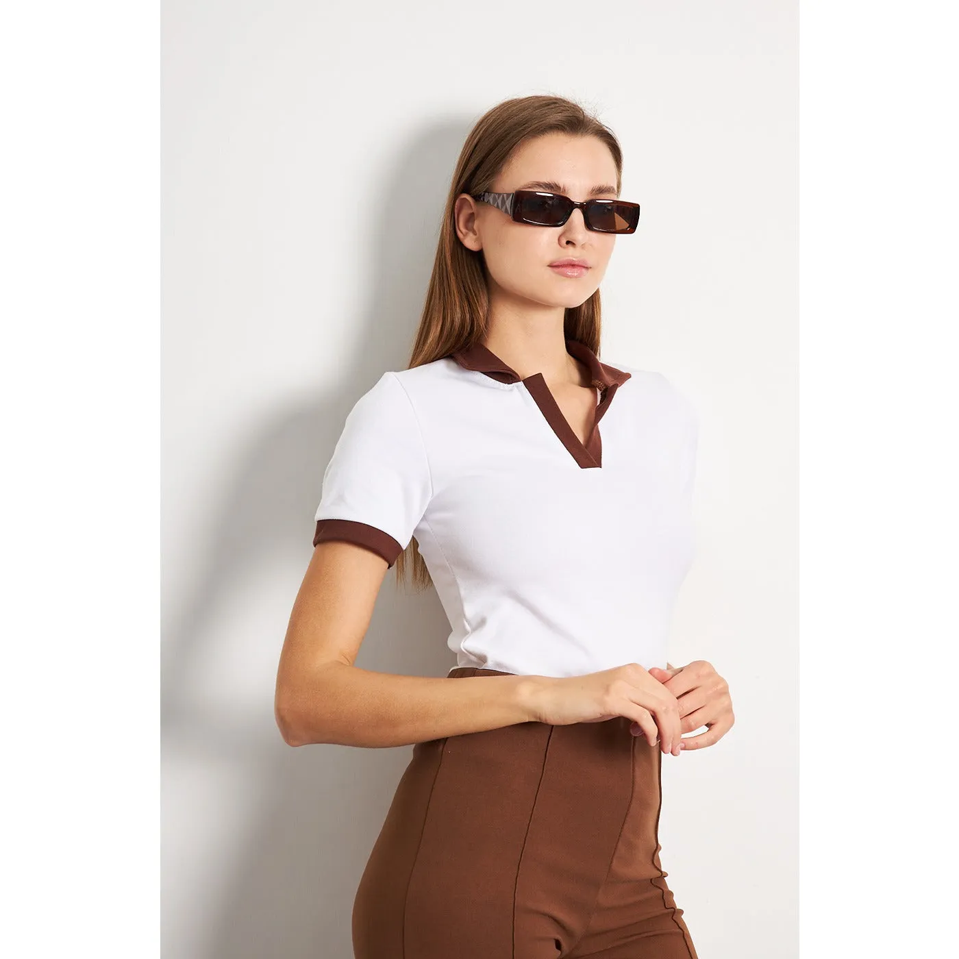 White Brown Rib Knit Polo