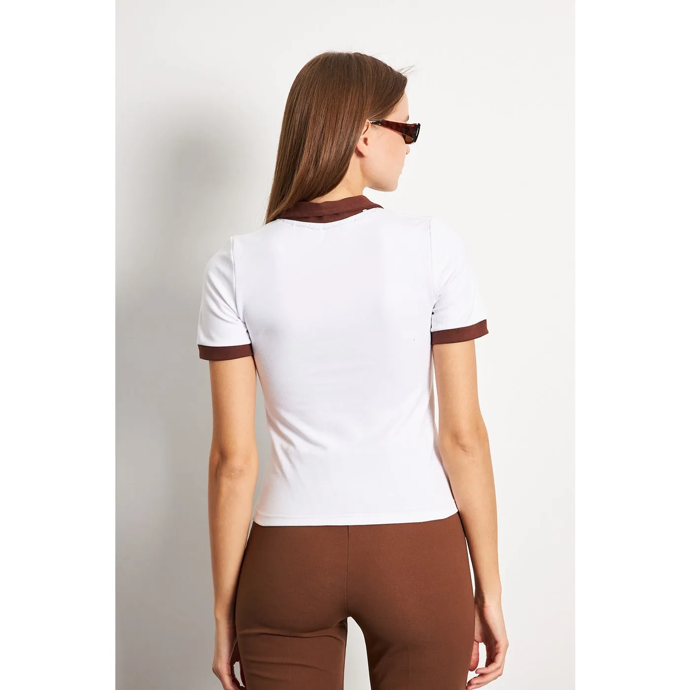 White Brown Rib Knit Polo