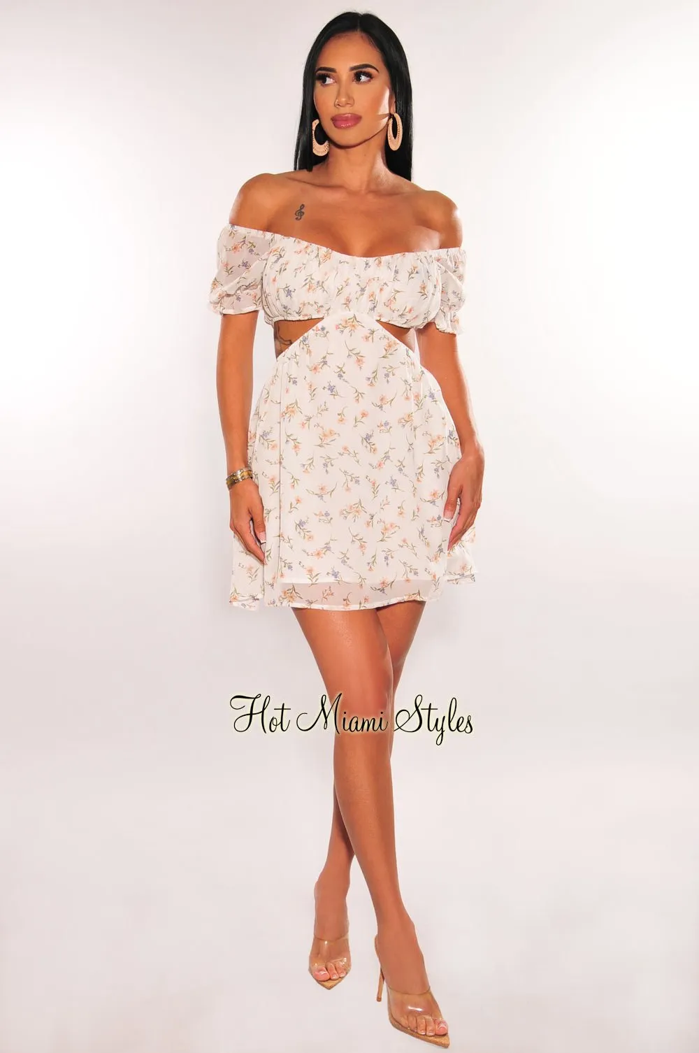 White Floral Print Off Shoulder Short Sleeve Cut Out Babydoll Dress