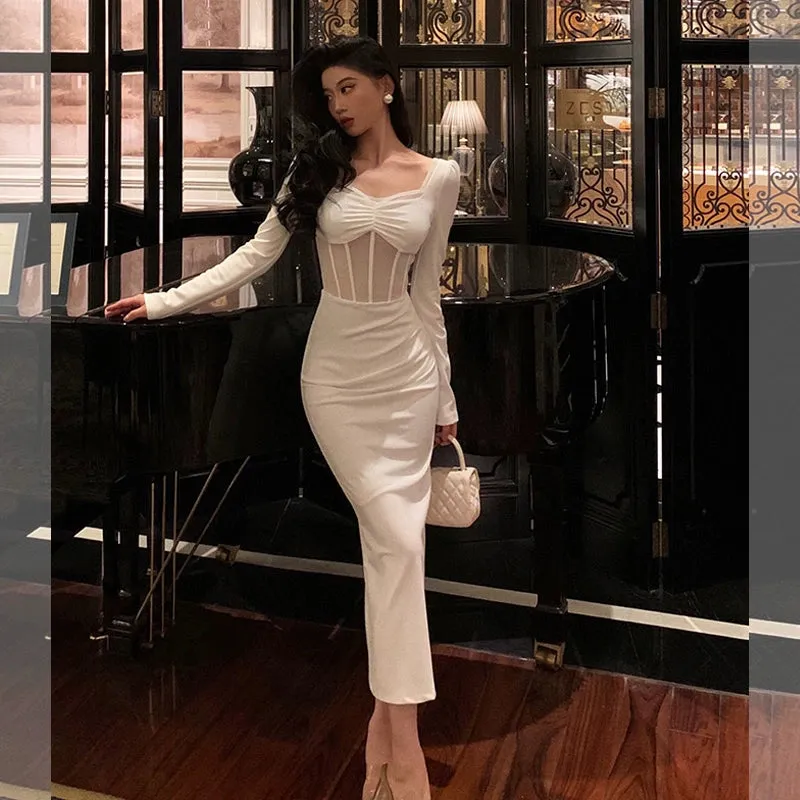 White sexy long-sleeved dress party dress     S5688