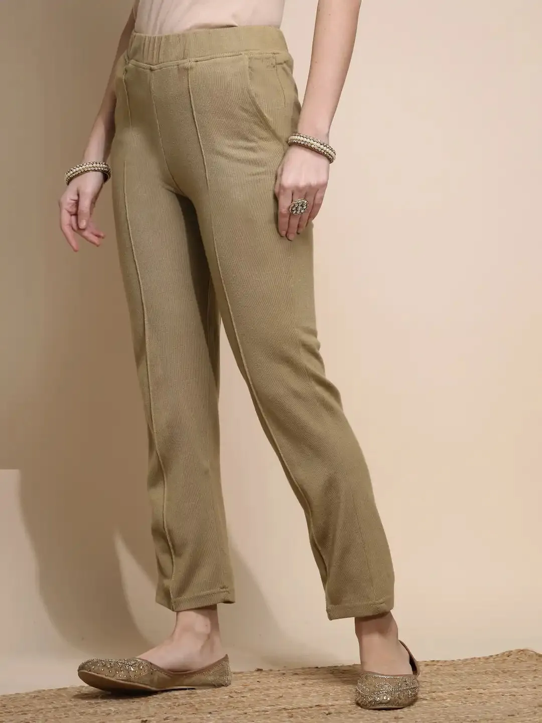 Women Beige Solid Pants Corduroy Mid Rise