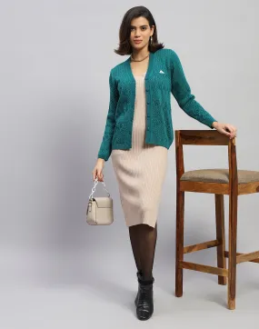 Women Green Self Design V Neck Full Sleeve Cardigan