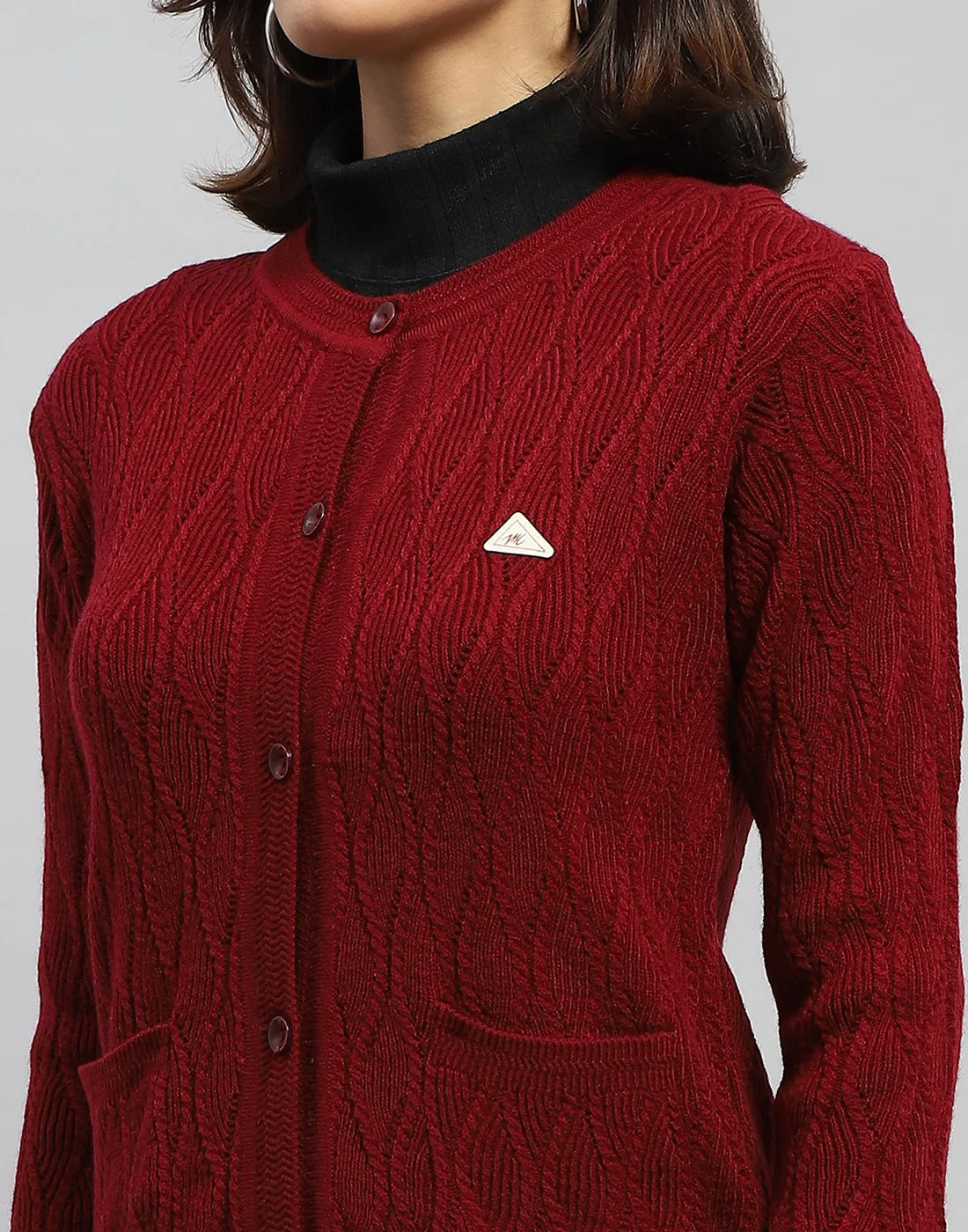 Women Maroon Self Design Round Neck Full Sleeve Cardigan