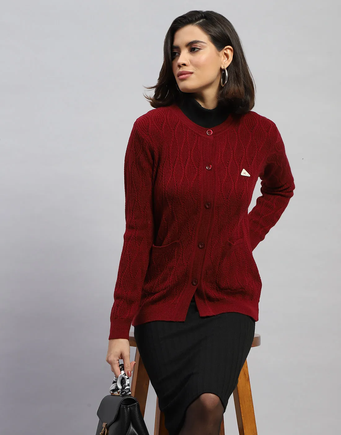 Women Maroon Self Design Round Neck Full Sleeve Cardigan